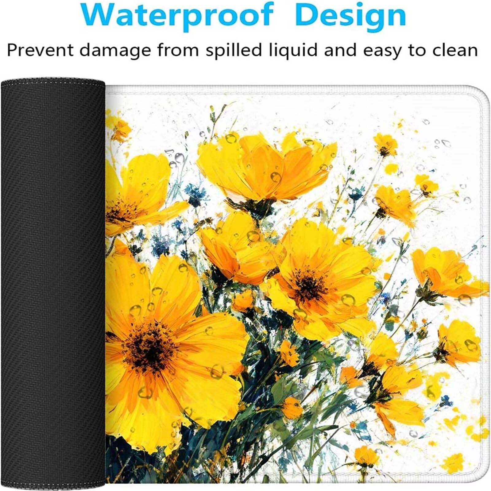 Alfombrilla Ratón Amarillo Flor Alfombrilla Ratón XXL 1400x600x3mm Mouse Pad Resiste Salpicaduras, Extendida de Gran Tamaño con Bordes Cosidos, Mejora la Precisión y la Velocidad, Antideslizante y-275