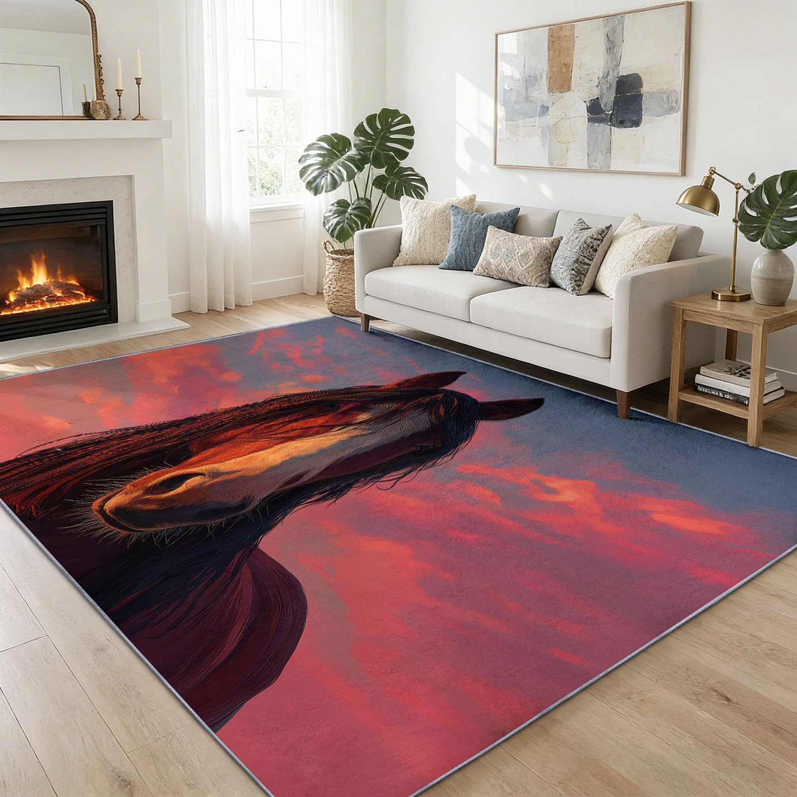 Tapis lavable rose 160x230 cm à poil court avec motif cheval pour salon et bureau