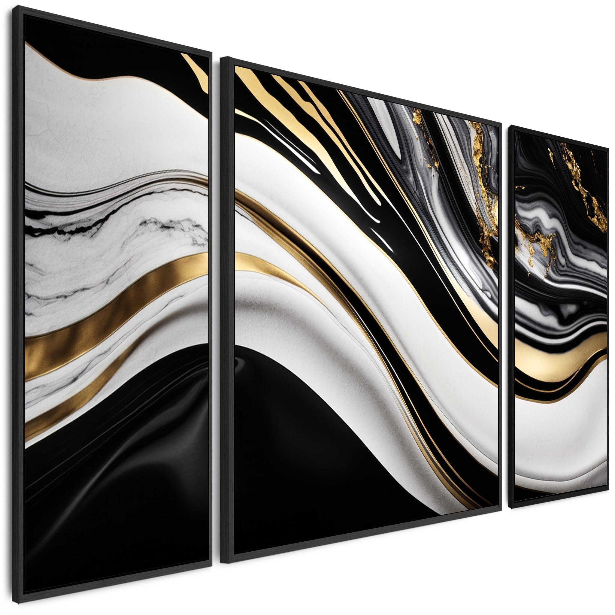 Wallfillers Black Gold Extra Large Framed Wall Art - Modern Xxl Set 3 Canvas - 212Cm Wide