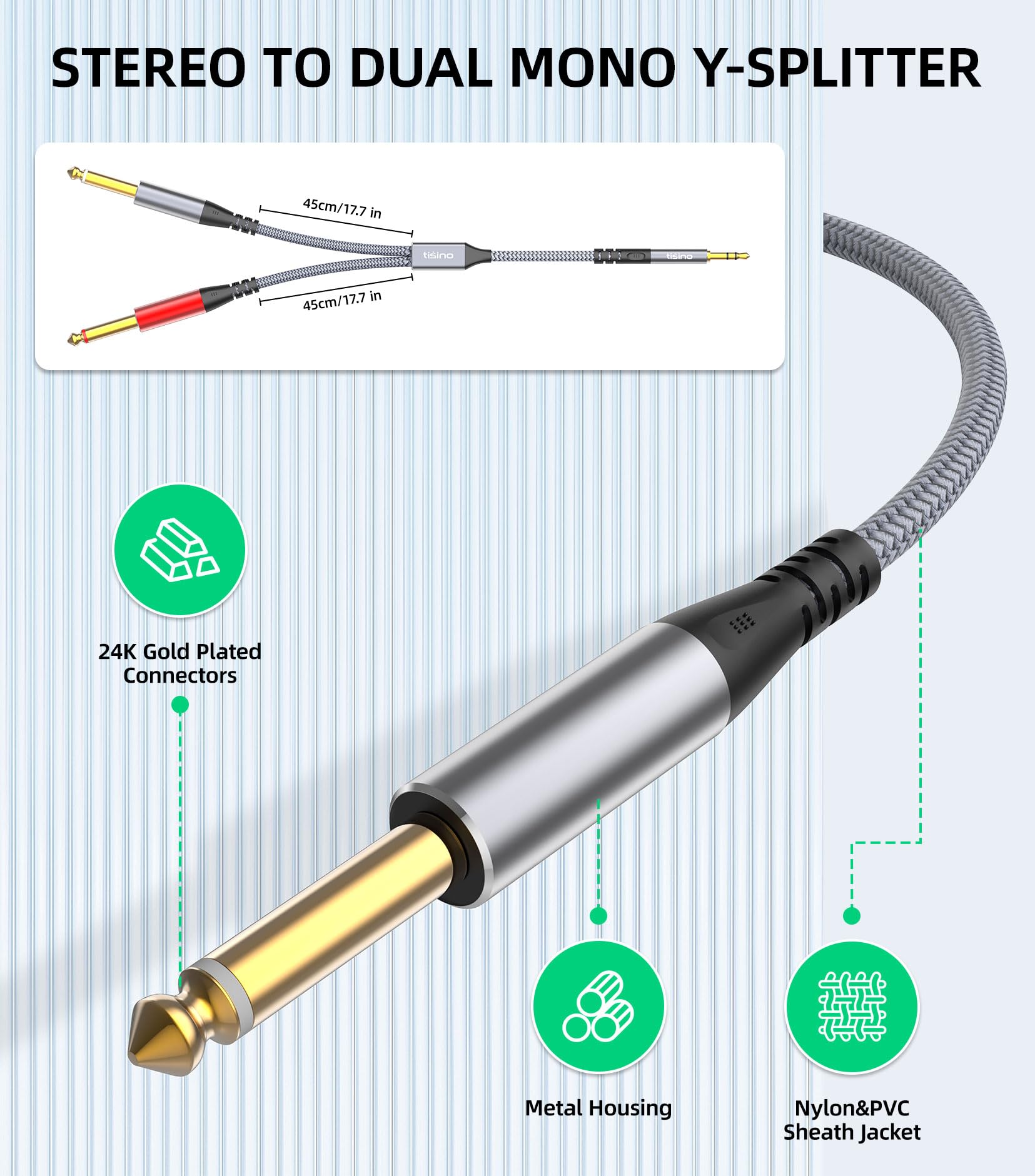 Tisino kabel audio stereo 3,5 mm do 2 x 6,35 mm TS, kabel Y 1/8 do 1/4, TRS do 2 x 6,35 mm mono jack do telefonu, laptopa, PC, miksera, głośników i wzmacniacza-1m