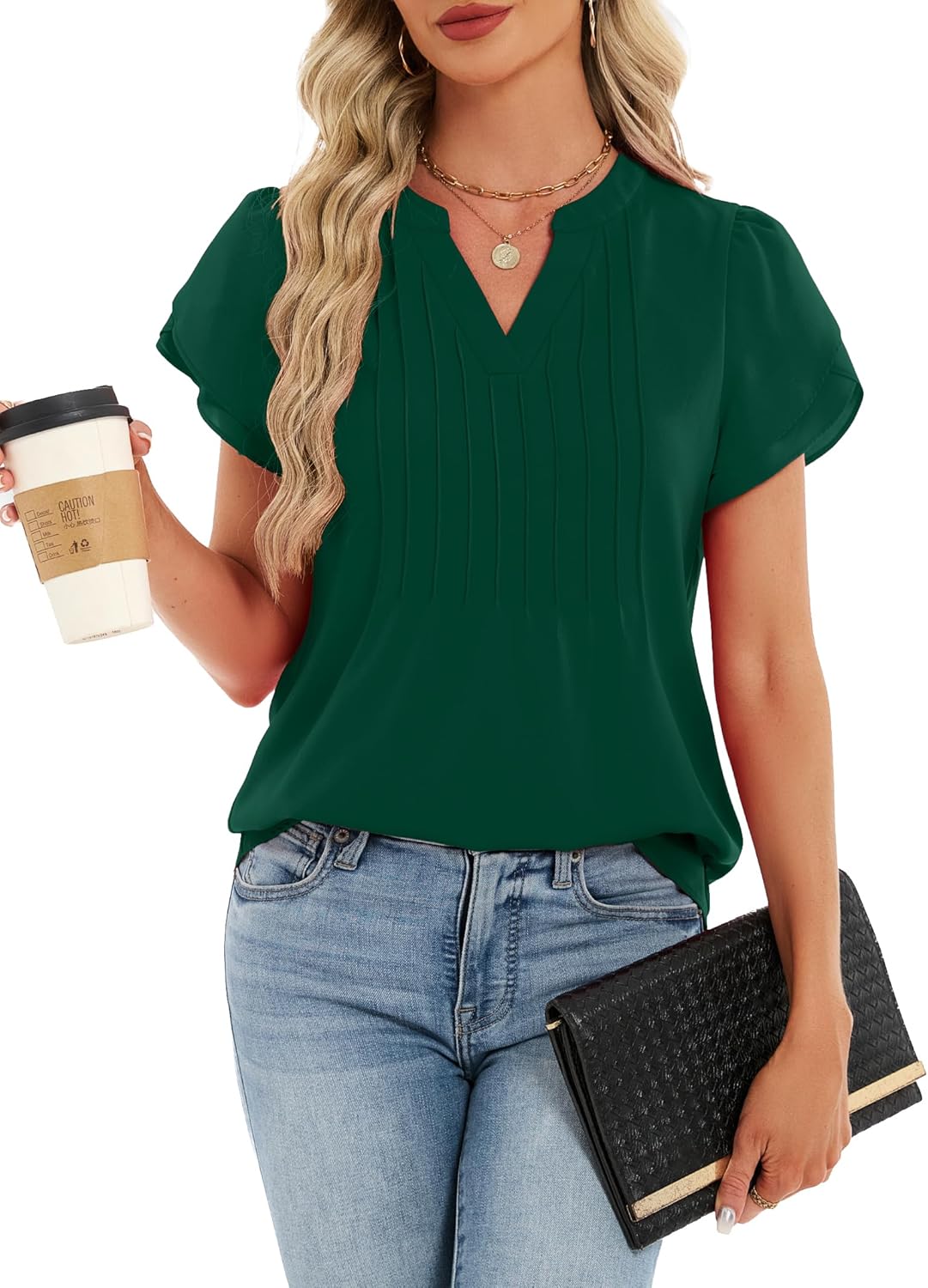 Funlingo Womens Tops Short Petal Sleeve V Neck Blouses Fashion 2026 Spring Dressy Casual Pintuck Work Shirt - Image 5