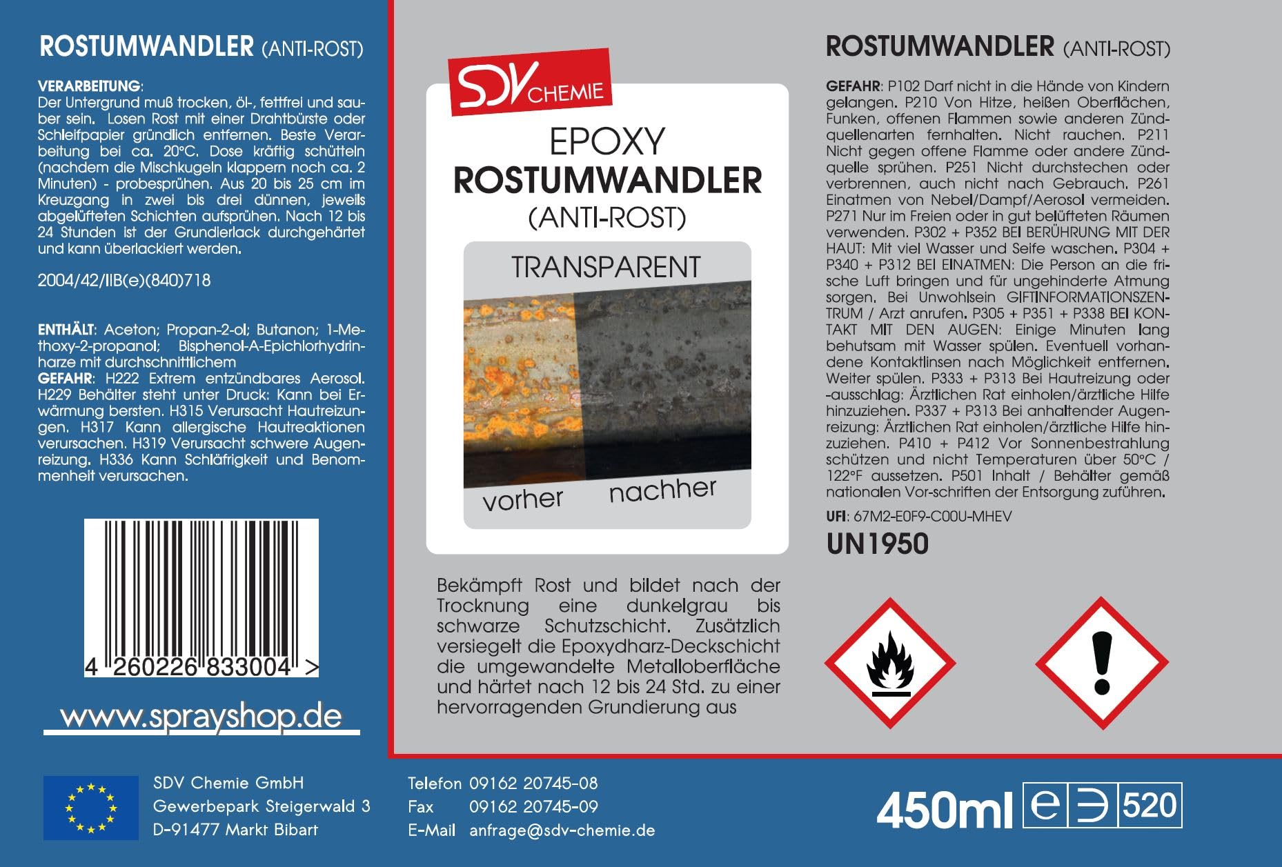 SDV Chemie EPOXY Rostumwandler Spray 12x 450ml Roststopp und Grundierung | Anti Rostspray, 2in1