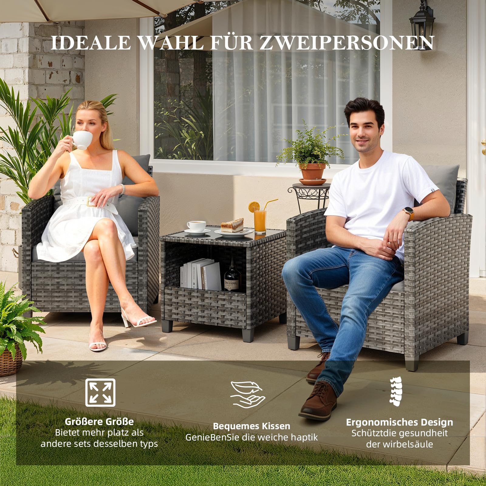 UDPATIO 3-Teiliges Rattan Gartenmöbel Set für 2 Personen, Balkonmöbel Set mit 2 Sesseln & Kaffeetisch, Outdoor Lounge Gartenmöbel Set für Garten, Poolbereich,Balkon & Terrasse (Grau-meliert)
