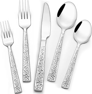 Hammered Silverware Set, Wildone 30 Piece Stainless Steel Cutlery for 6 People, Food Grade Cutlery, Knives, Forks, Spoons, Mirror Finish, Dishwasher Safe