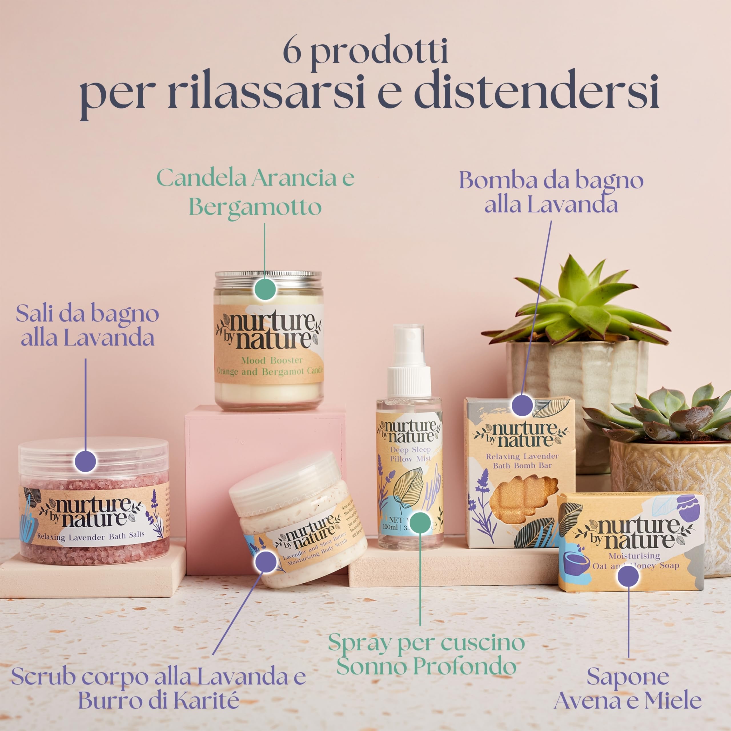 NURTURE BY NATURE Set Regalo Donna Rilassante – 6 pezzi con candela profumata, spray cuscino alla lavanda, sali da bagno e crema mani – idea regalo San Valentino e Festa della Mamma, compleanno