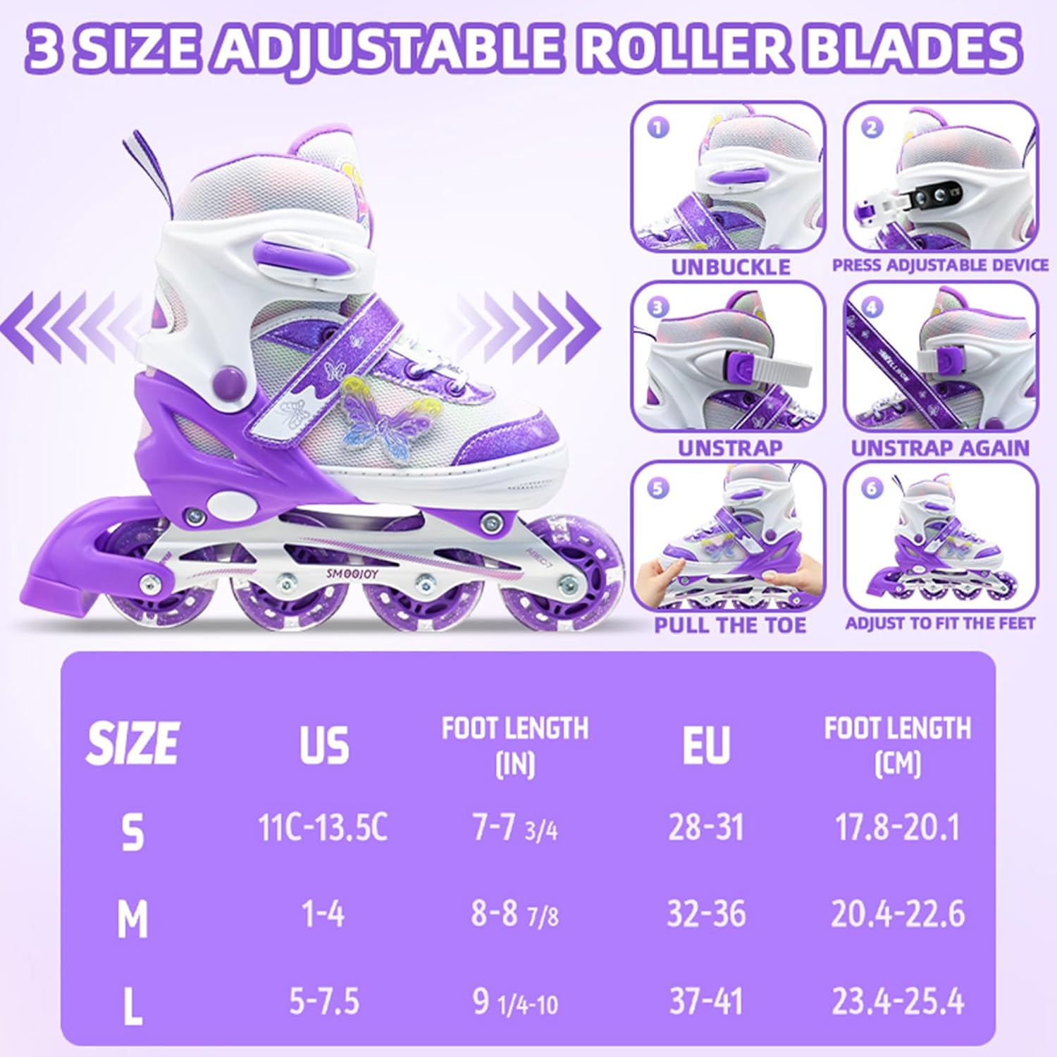 Girls Inline Skates for Kids Ages 3-12 Years 4 Size Adjustable Roller Shoes with Light Up Wheels for Beginner Youth Quad Skates Indoor Outdoor Children's Birthday Gift