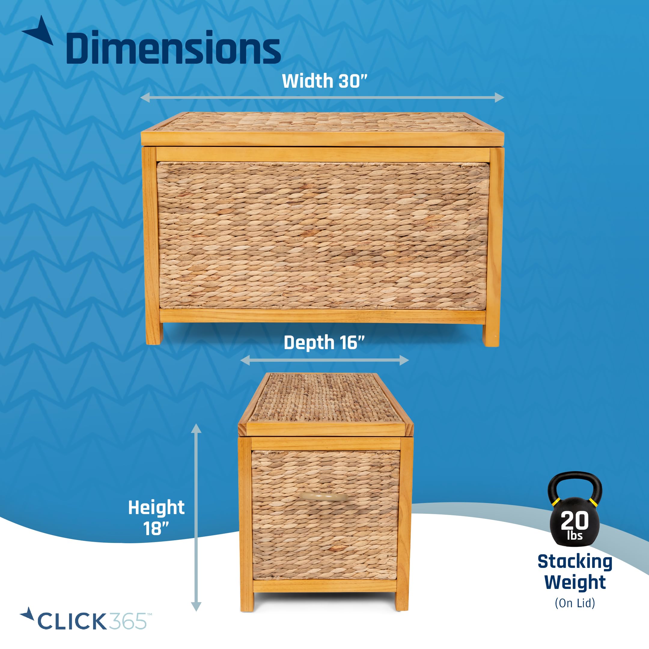 ClickDecor Wilson Baúl de mimbre, estilo granja, jacinto de agua tejido a mano, marco de madera de acacia, asas de metal, cesta de almacenamiento grande de 30 pulgadas de ancho con tapa para sala de