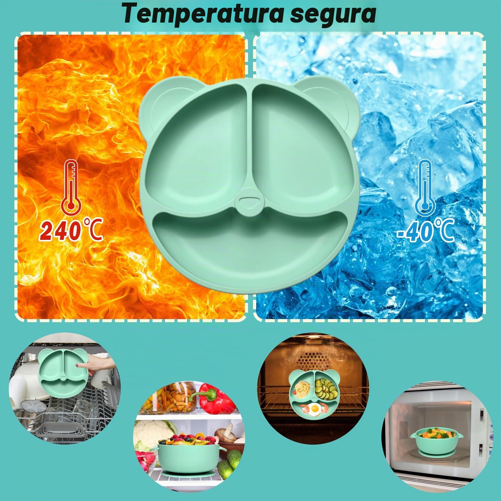 12 Piezas Vajilla de Siliconea para Bebés con Ventosa, Platos Impermeables y Set de Aprendizaje para Comer Destete (Verde)