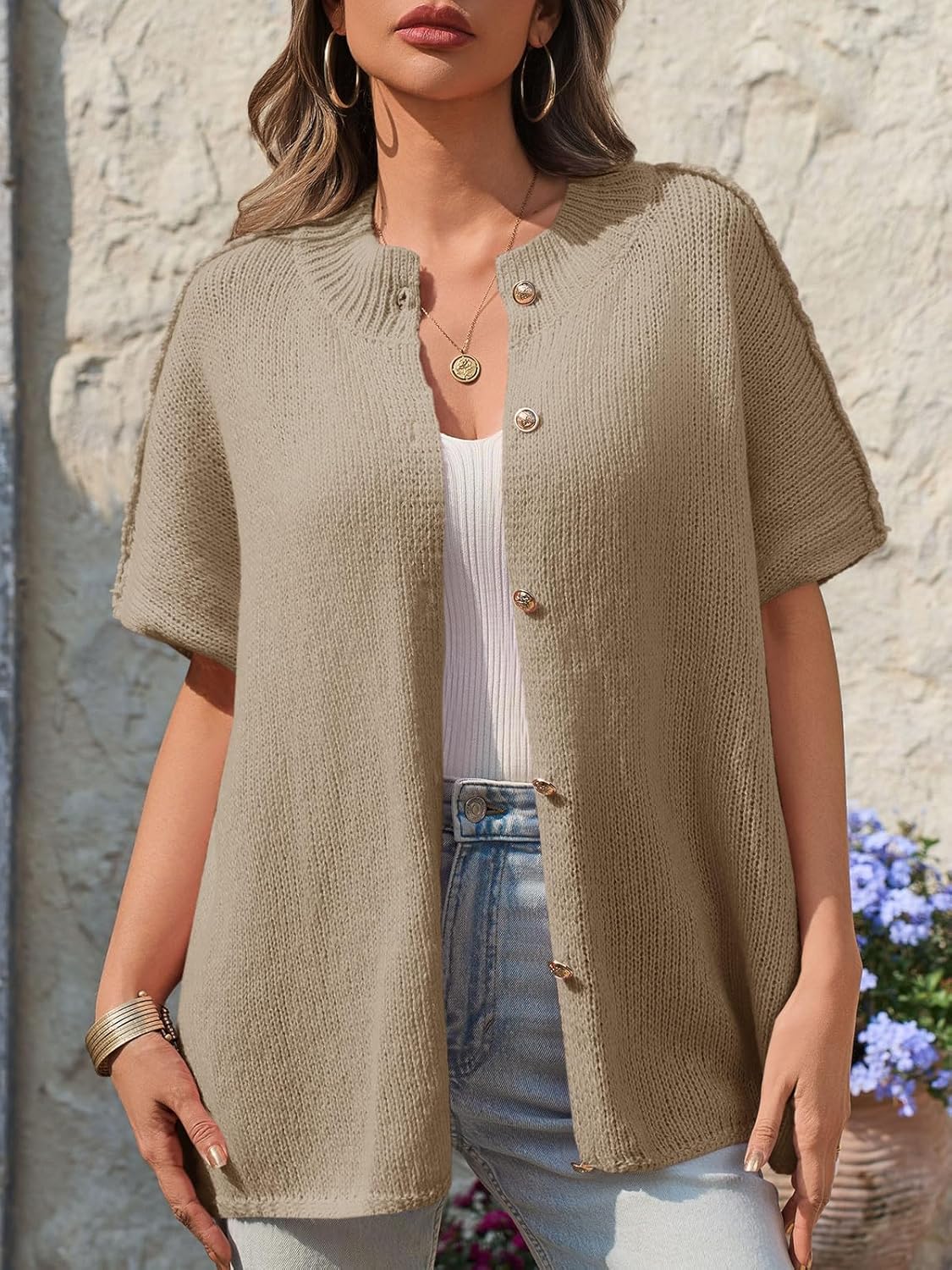 Saodimallsu Womens Oversized Cardigan Sweaters Short Sleeve Button Down Casual Lightweight Loose Knit Trendy Cardigans - Image 3