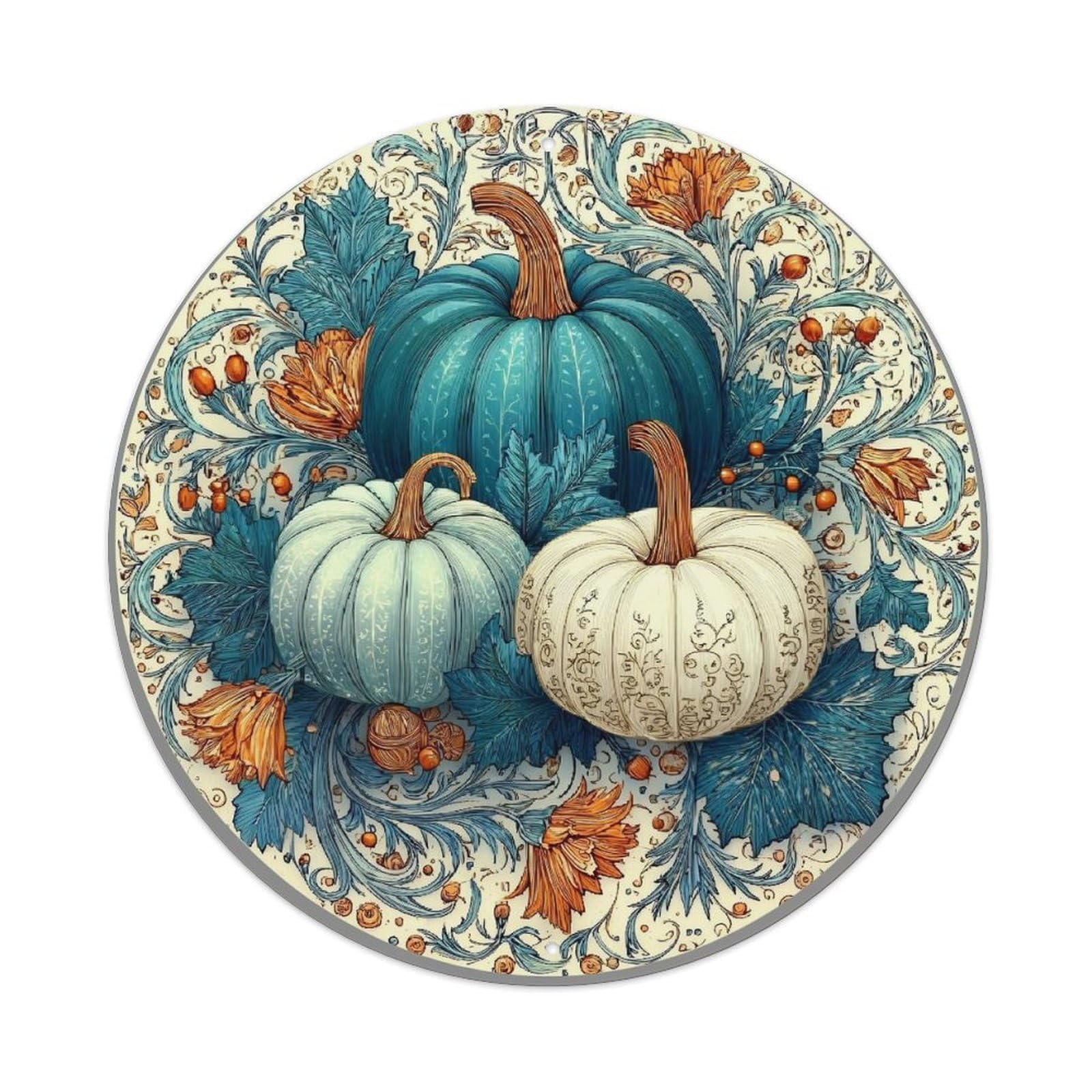 Pumpkin Leaves Flowers Berries Pattern Round Tin Sign Vintage Metal Sign Home Bar Garden Indoor & Outdoor Wall Decor Retro Metal Poster 8x8 Inch
