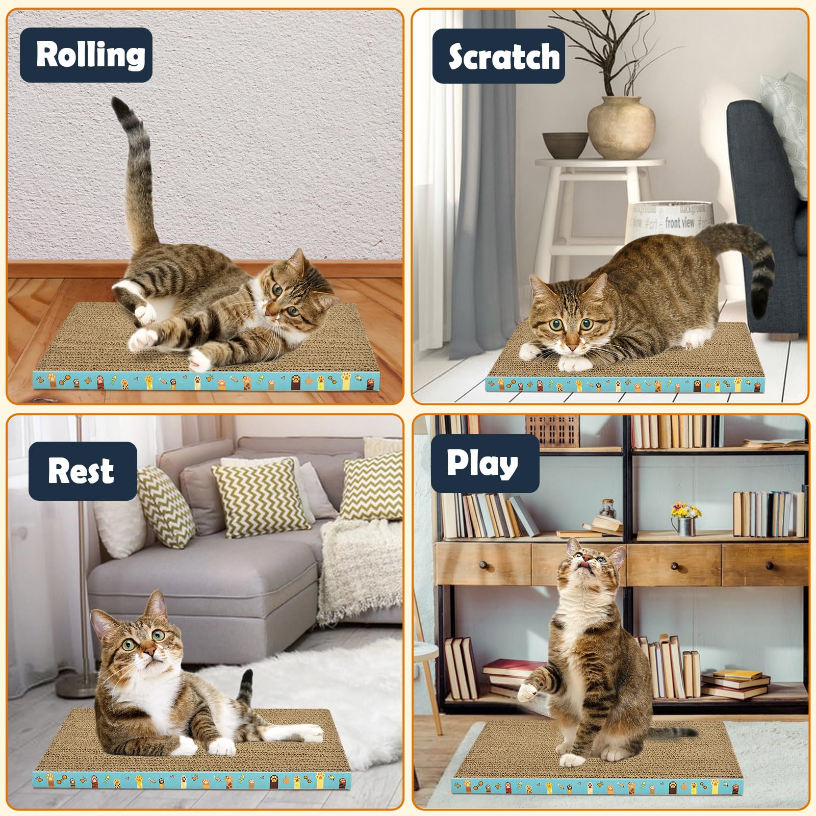 Rascador de cartón para gatos, paquete de 3 almohadillas reversibles para rascar gatos duraderos para gatos de interior para proteger los muebles (patas de gato)
