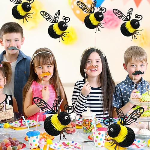 Miniatura 6 de Jetec 6 Pcs Bee Party Decorations 8'' Tissue Bee Honeycomb Hanging Decor for Baby Shower Gender Reveal Birthday Table Centerpieces Honey Hive