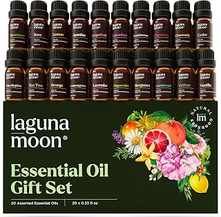 LagunaMoon Essential Oils Set of 20 - 100% Pure for Diffusers, Aromatherapy, Candle Making - Lavender, Peppermint, Tea Tree, Eucalyptus (10mL Each)