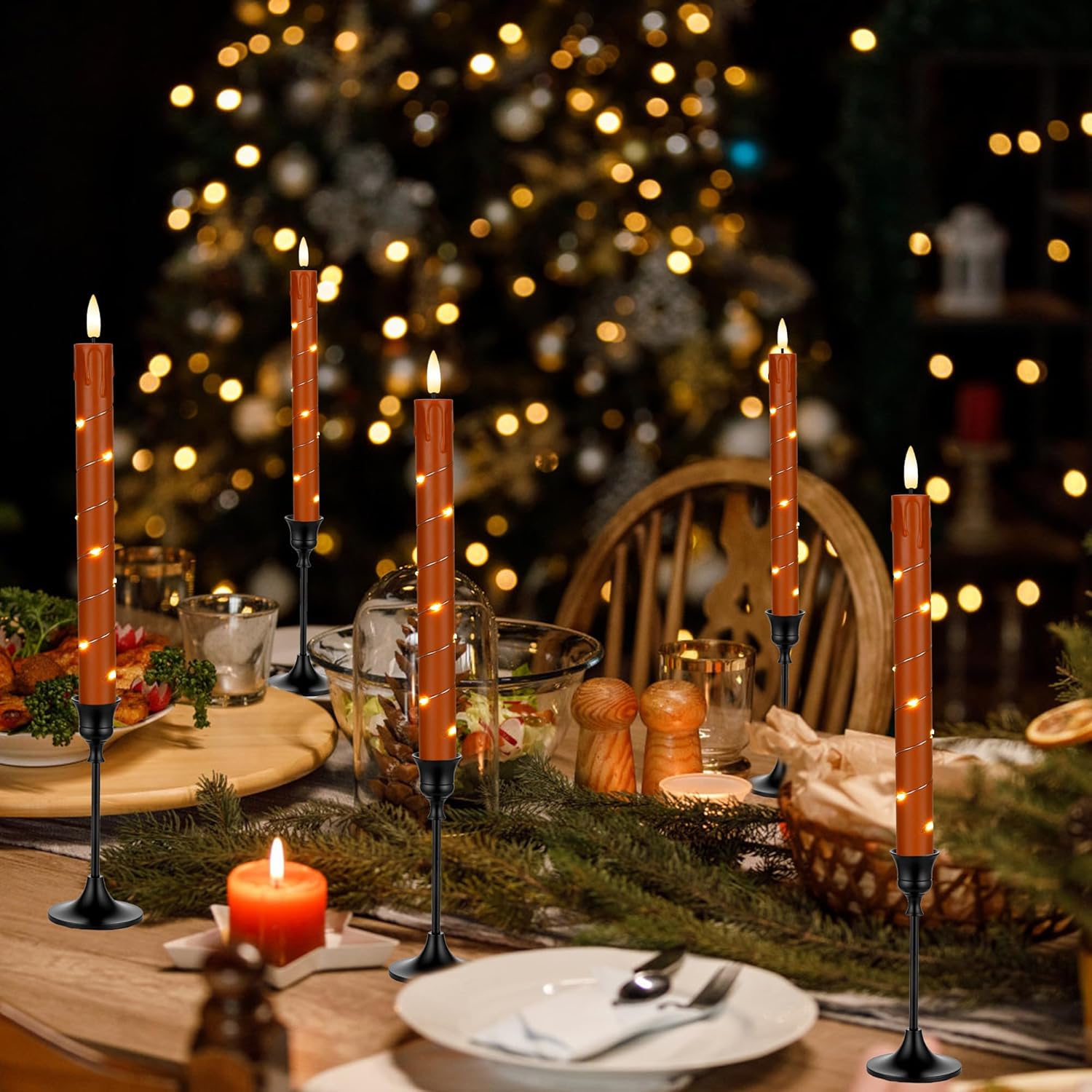 3 Pack Red Flameless Taper Candles with Warm LED Flame and Built-in Starry String Lights – 10 Inch Battery Operated Window Candles with Remote Control and Timer for Christmas, Party or Home Decor