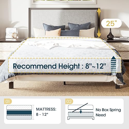 Miniatura 7 de WEEWAY Base de cama de metal Queen con cabecera tapizada gris, capacidad de 800 libras, soporte de listones de madera, espacio de almacenamiento