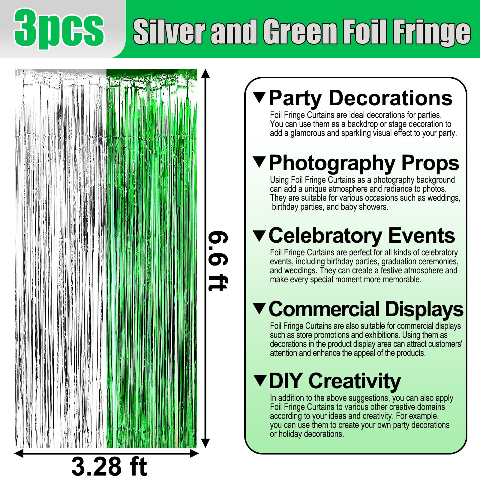 Paquete de 3 cortinas de flecos de papel de aluminio verde plateado, 3.28 pies x 6.6 pies, cortinas metálicas para cabina de fotos, Halloween, Navidad, cumpleaños, decoración de fiesta de boda