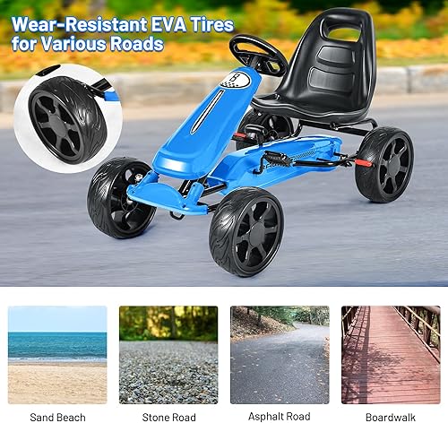 Miniatura 8 de HONEY JOY Pedal Go Kart, auto de pedal todoterreno de 4 ruedas con freno de mano y embrague, asiento ajustable de 2 posiciones, carrito de paseo