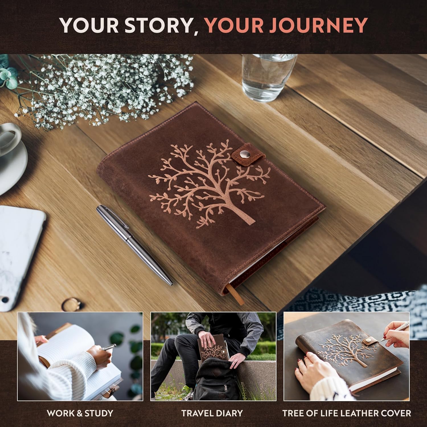 moonster Refillable Leather Journal Lined Notebook - Embossed Tree of Life, Handmade Genuine Leather Notebook for Men & Women with Pen Holder – Includes Premium-Milled A5 Lined Paper & Luxury Pen - Image 5