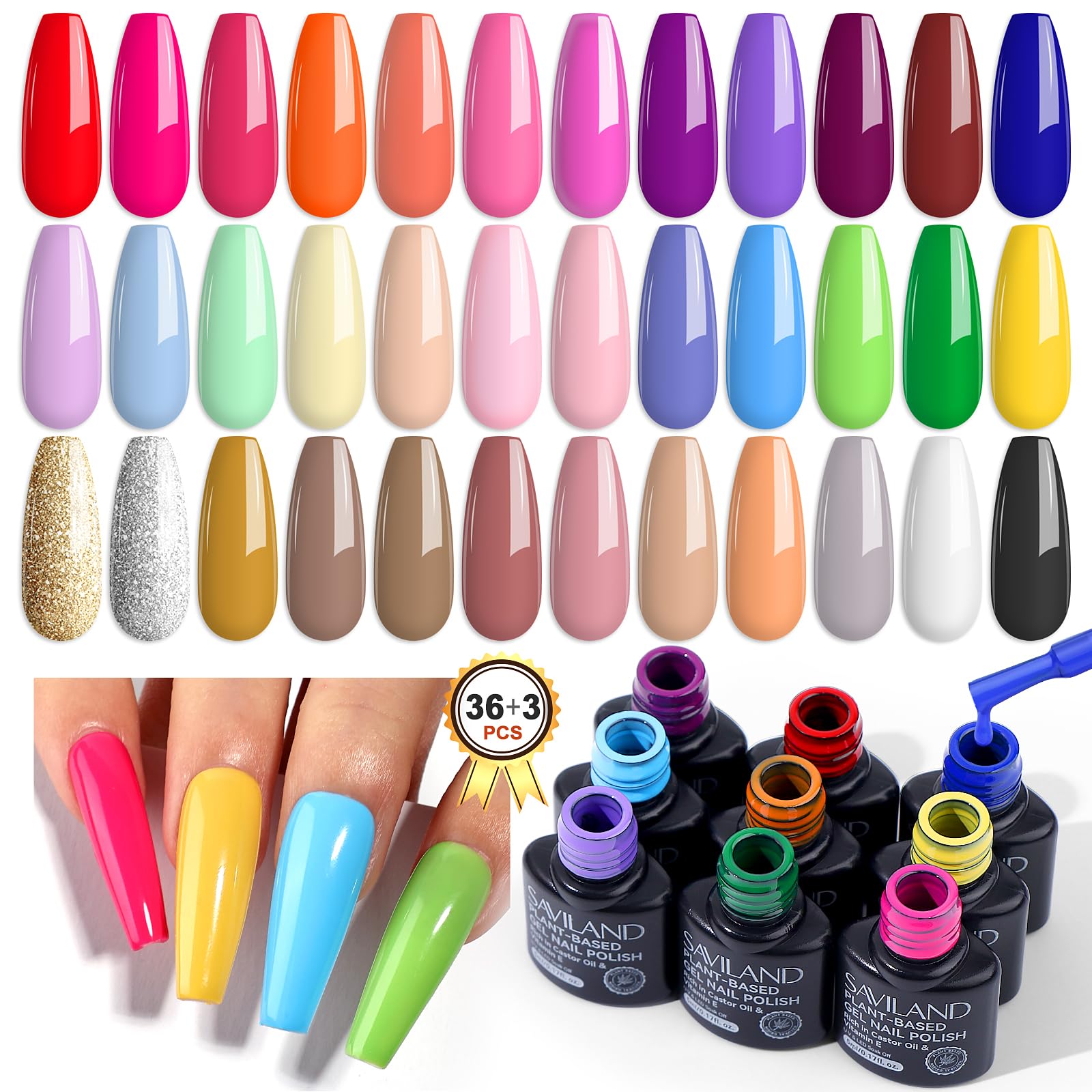 SAVILAND 36 Colors Gel Nail Polish Set: 39 PCS All Season Gel Nail Polish Sheer Glitter Solid Charm Colors with Base Gel Glossy Matte Top Polish Set