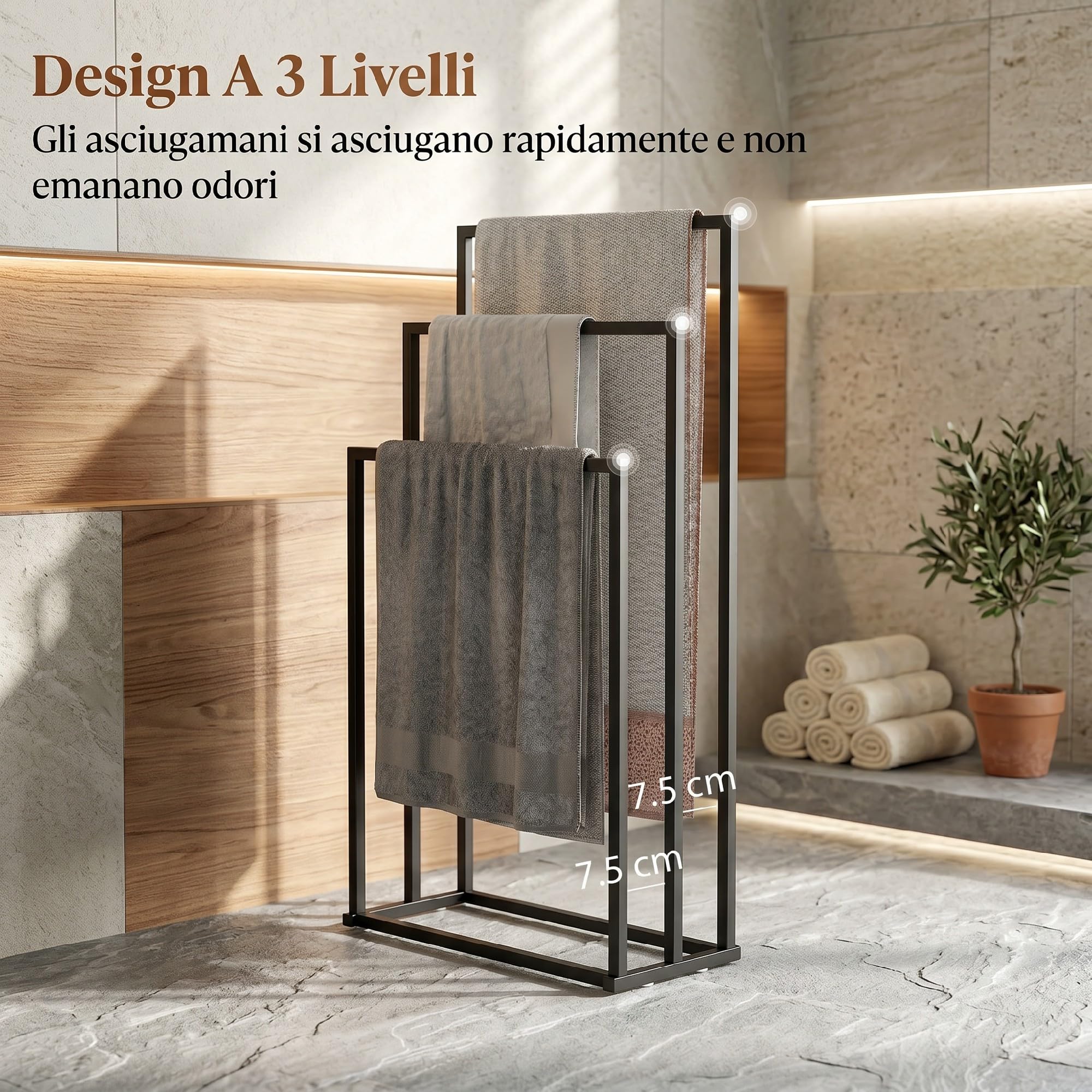 HOMCOM Portasciugamani da Terra 3 Bracci Autoportante 45x21.5x85 cm Nero | Porta Asciugamani per Bagno in Acciaio, Porta Salviette