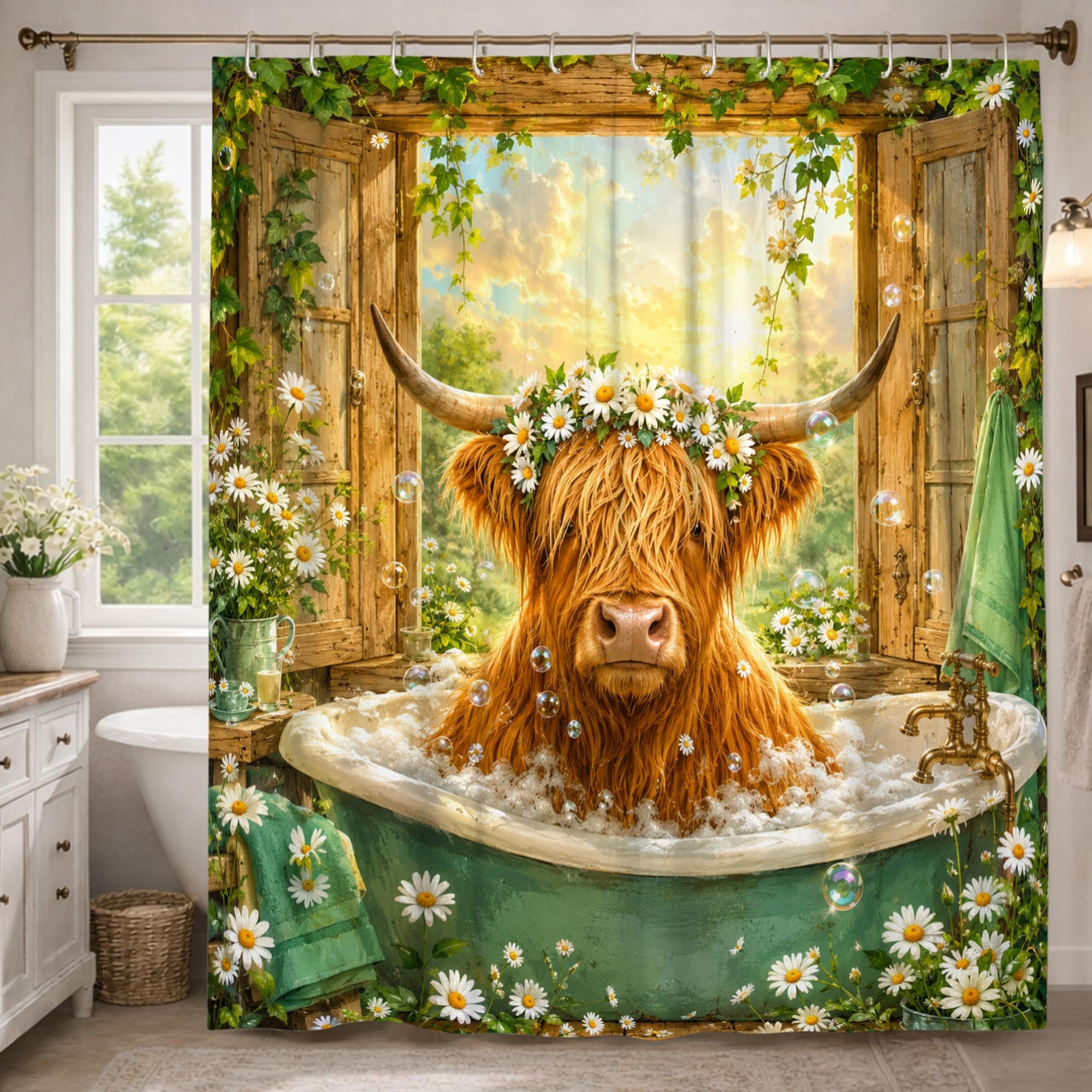 Rideau de douche extra long 183x243 vert avec motif vache des Highlands rustique pour baignoire