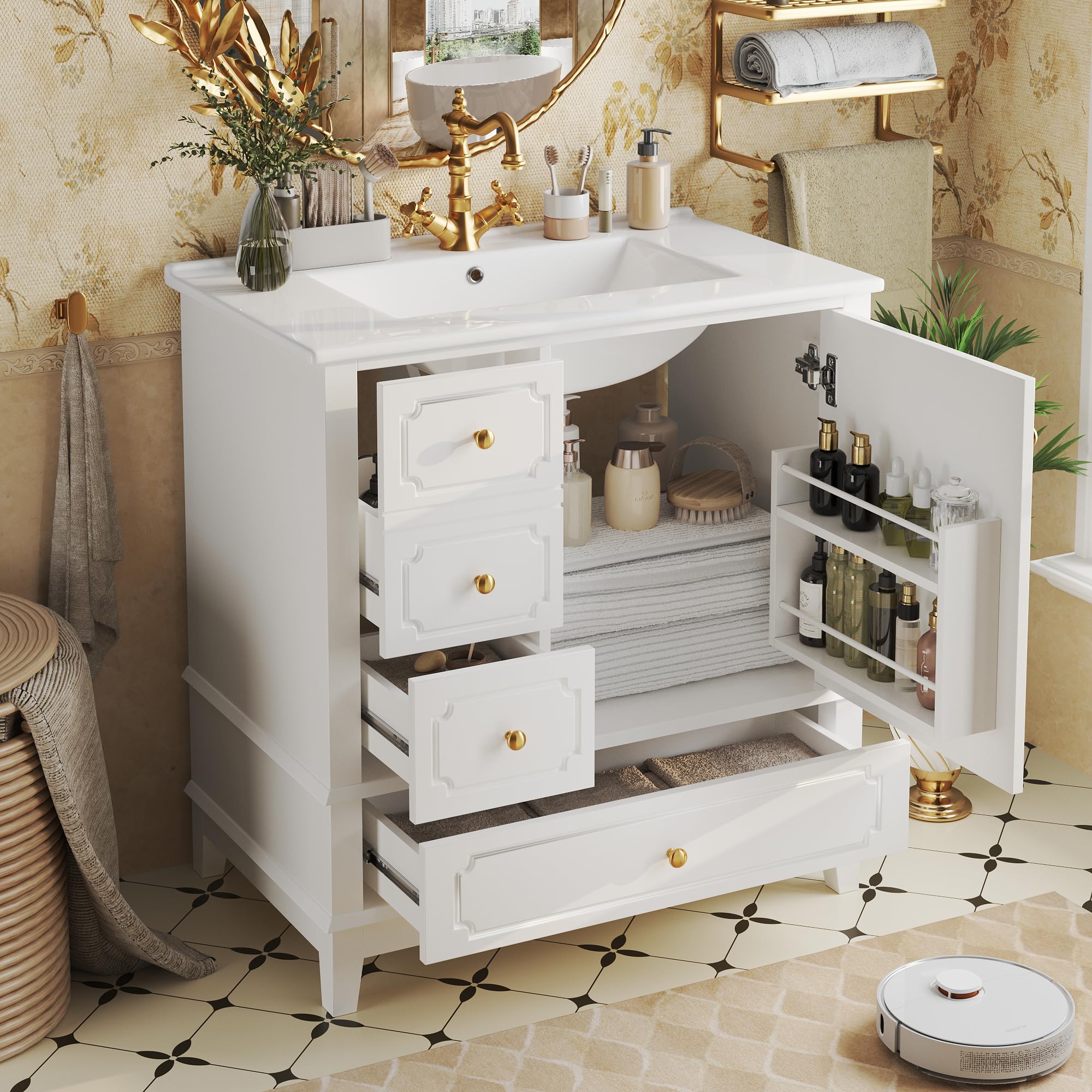 Armario para lavabo de baño, 76,5 x 47 x 87,5 cm, con lavabo de cerámica, asas doradas, antibacteriano, color blanco, con orificio de rebosadero y mucho espacio de almacenamiento