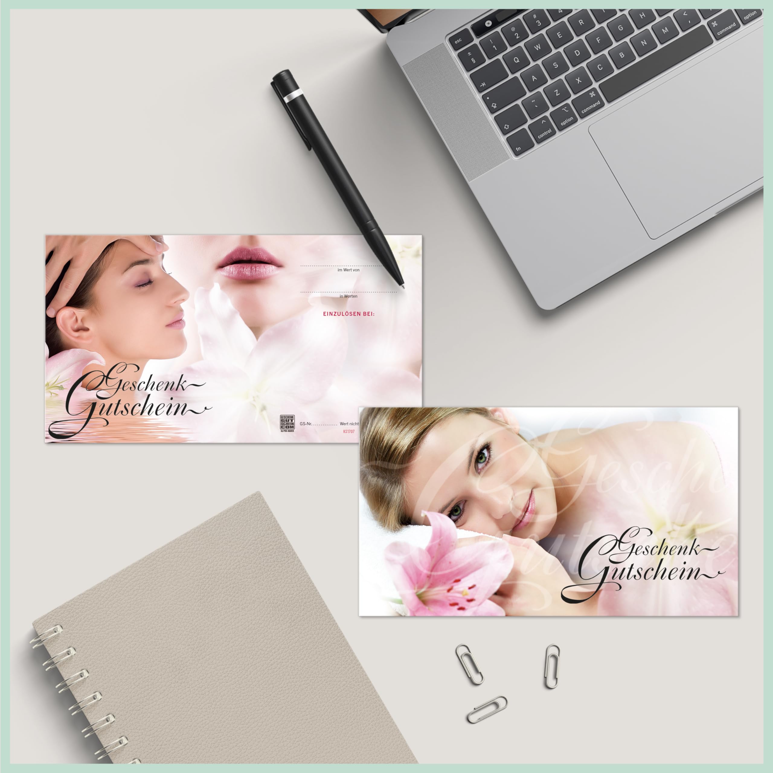 GESCHENKGUTSCHEINcom - 50 Gutscheine mit Umschlag/Schleife für Kosmetikinstitut Kosmetik Wellness - Geschenkgutschein-Vordruck blanko KS1707-2-50