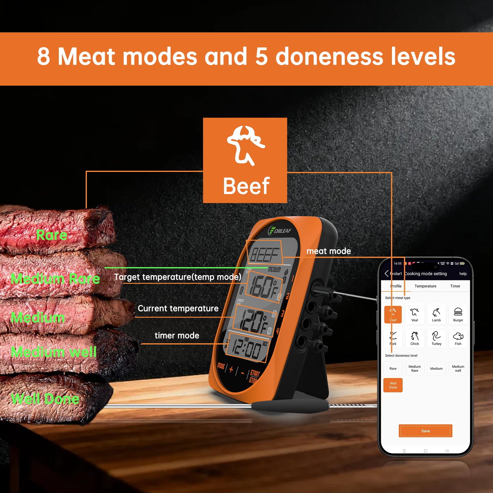Meat Thermometer Digital Instant Read Food Thermometer Grill Thermometer Smart Bluetooth BBQ Thermometer Oven Thermometer with 4 Probes Time Mode Temper Mode for Grill Candy Meat Oven Food Smoker