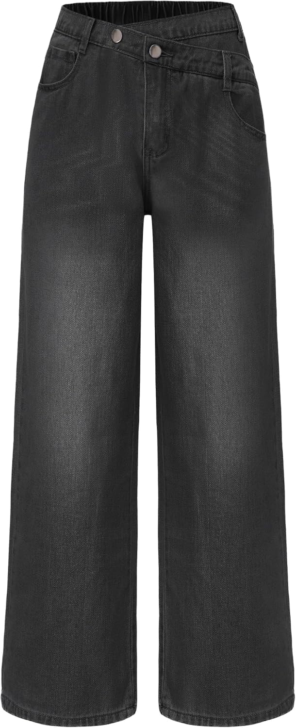 EXARUS Girls Jeans Crossover/Frayed Baggy Pants Wide Leg Denim Teen Elastic Waist Straight Mid Waisted for Kids 8-14Y