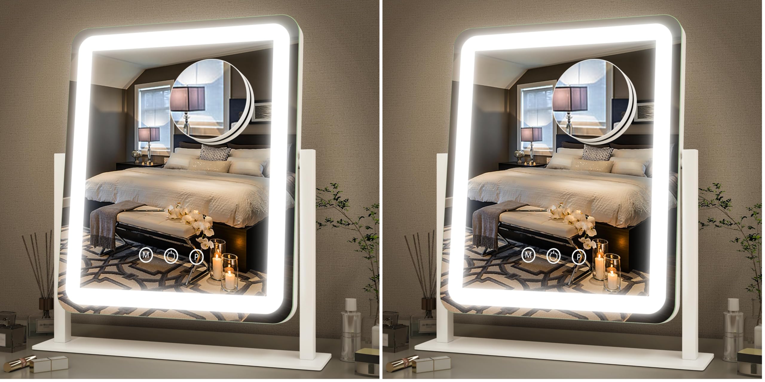FENNIO Vanity Mirror with Lights - 15"x12.6" LED Lighted Makeup Mirror, Large Makeup Mirror with Lights, Touch Screen with 3-Color Lighting, Dimmable, for Vanity Desk Tabletop, Bedroom (Pack of 2)