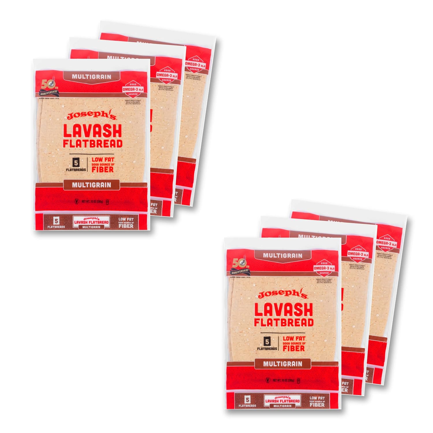 Joseph's Bakery Multigrain Lavash Bread 6-Pack: Low Carb, High Protein (9g), Fiber-Rich Flatbreads (30 Total), Fresh Baked