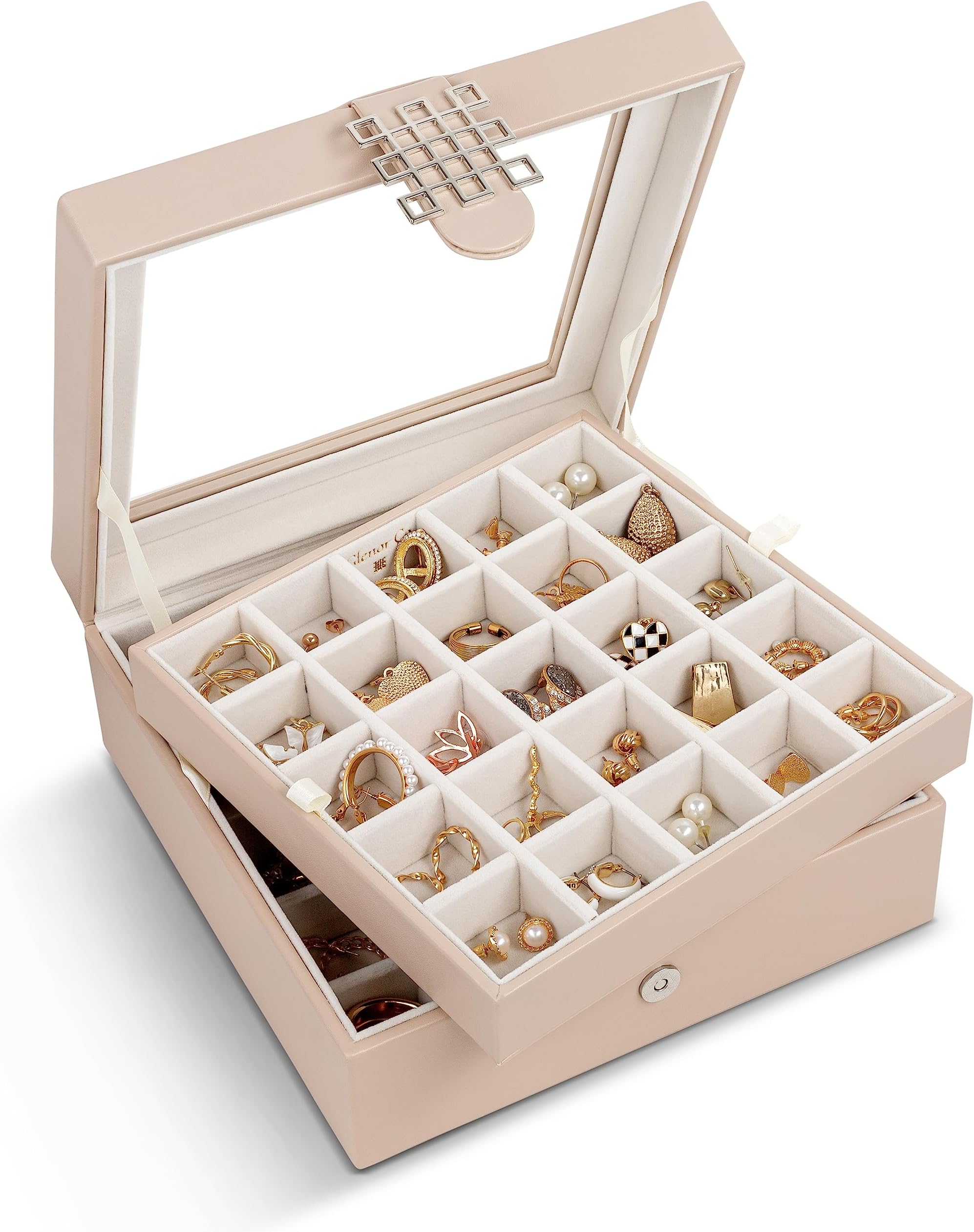 Glenor Co Earring Organizer - Classic 50 Section Jewelry Box/Case/Holder for Earrings, Rings, Necklaces, Jewelry, Cufflinks or Collections -2 Layer Small Compartments with Large Glass Top - Sand