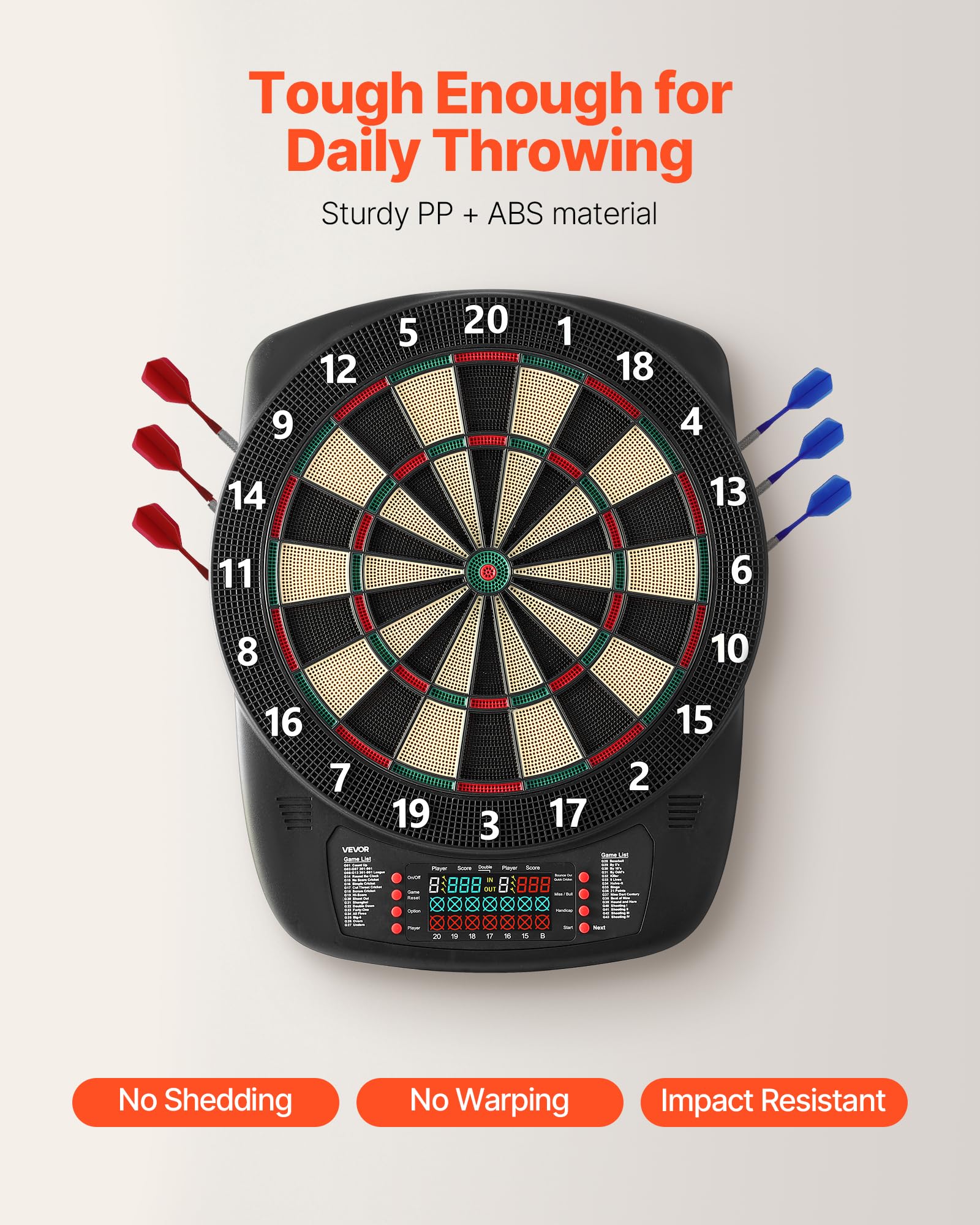VEVOR Diana Electrónica 43 Juegos 200 Variantes 8 Jugadores 6 Ejes Dardos Marcador LCD PP ABS 517 x 424 x 30 mm