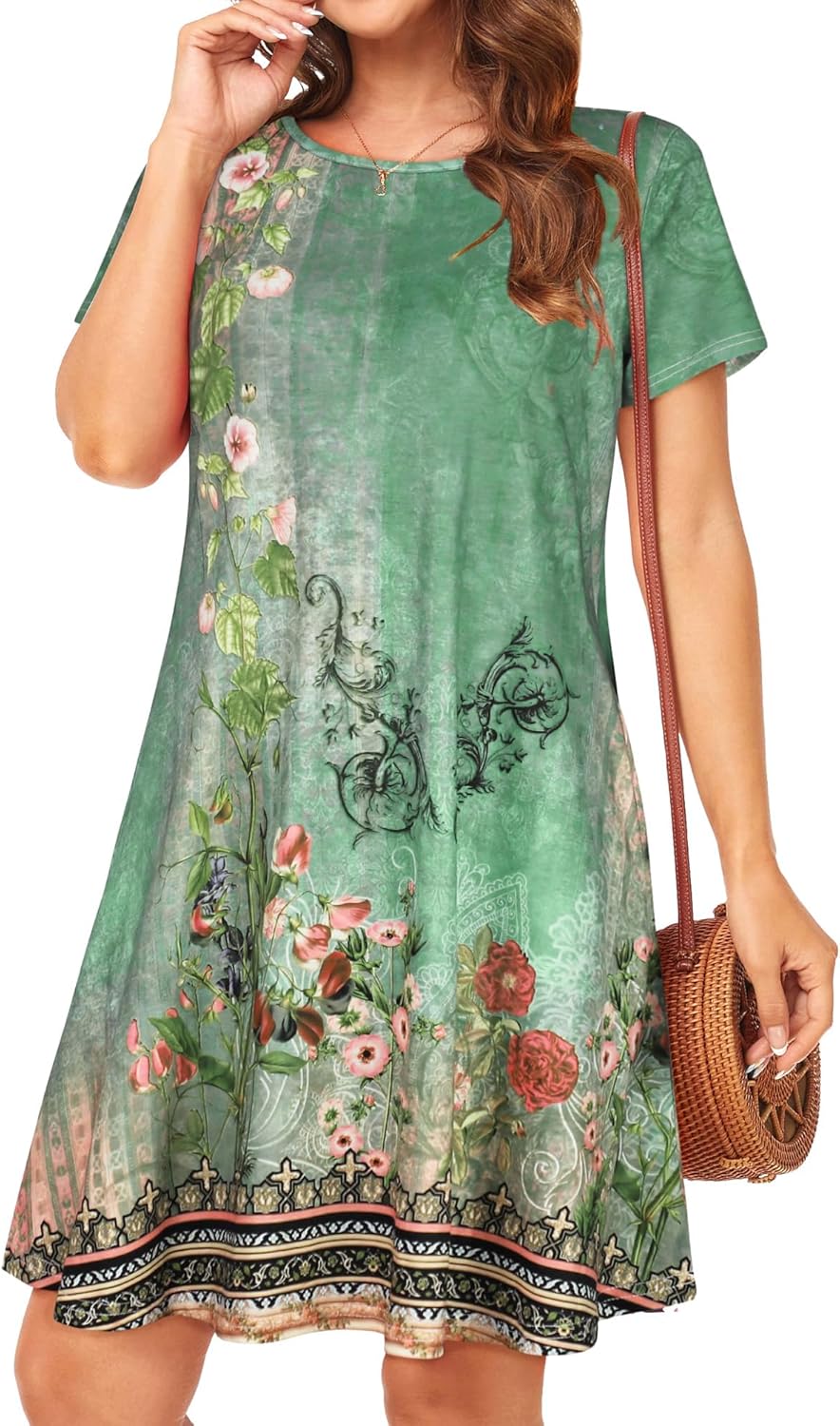 Womens Summer Dresses Beach Casual Loose Tshirt Floral Short Sleeve Flowy Pockets Sundresses - Image 3
