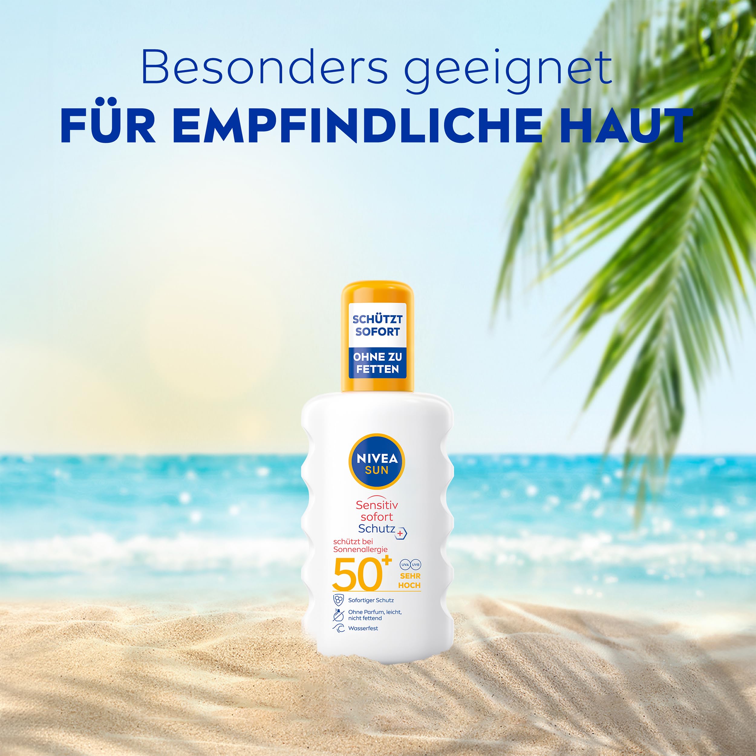 NIVEA SUN Sensitiv Set mit Sonnenschutz für das Gesicht & Spray mit LSF 50, parfümfreie Gesichtscreme beruhigt Hautirritationen, wasserfestes Sonnenspray für empfindliche Haut