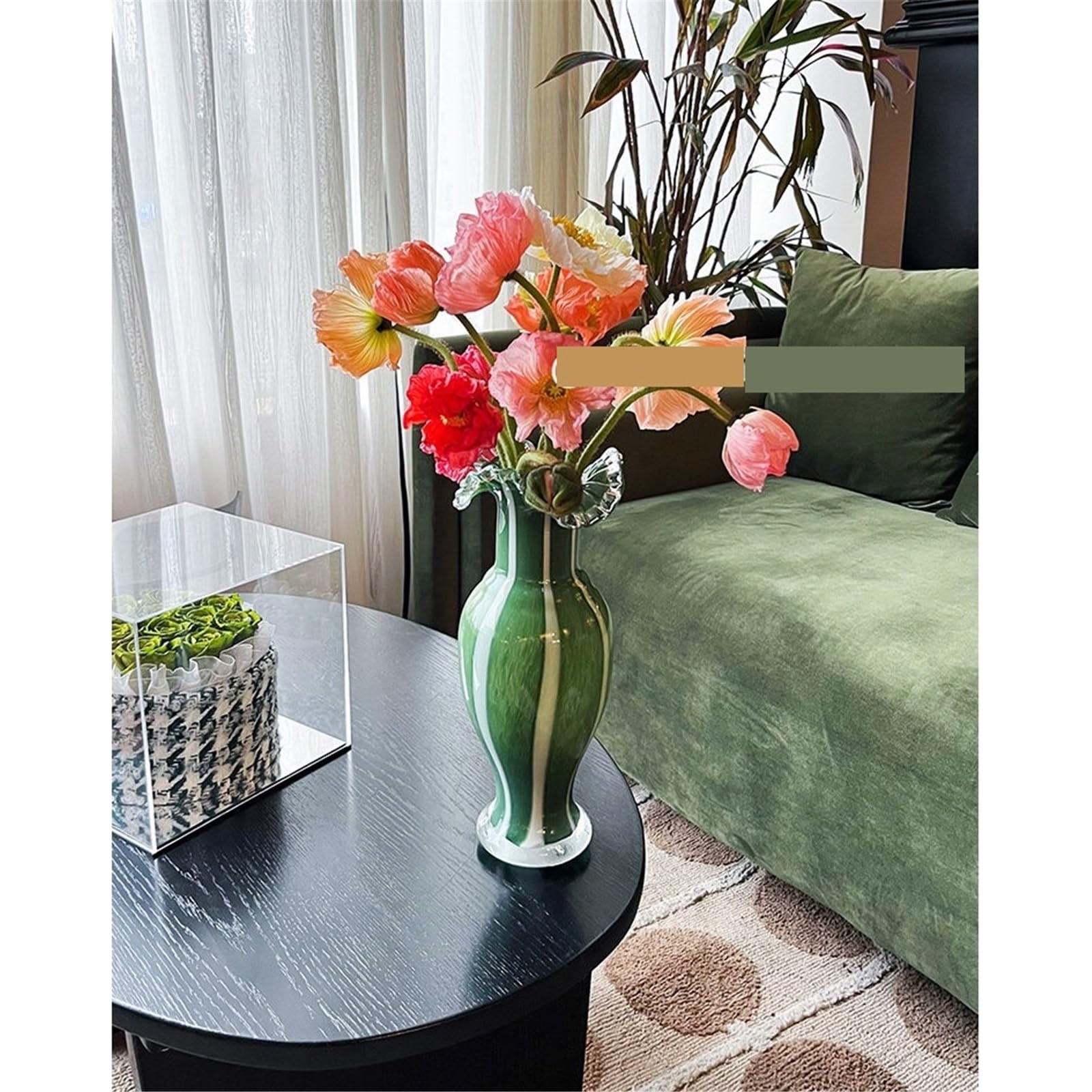 Vaso di fiori Vasi in vetro rigato verde con bordo arricciato