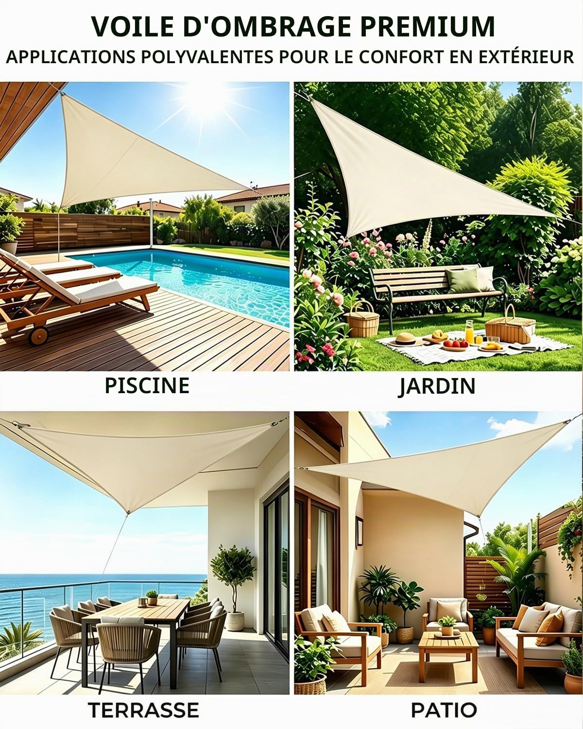 Voile d'ombrage triangulaire, 3 x 4 x 5 m, imperméable, protection solaire, coupe-vent, en polyéthylène haute densité de qualité supérieure, résistant aux intempéries, respirant avec 95 % de