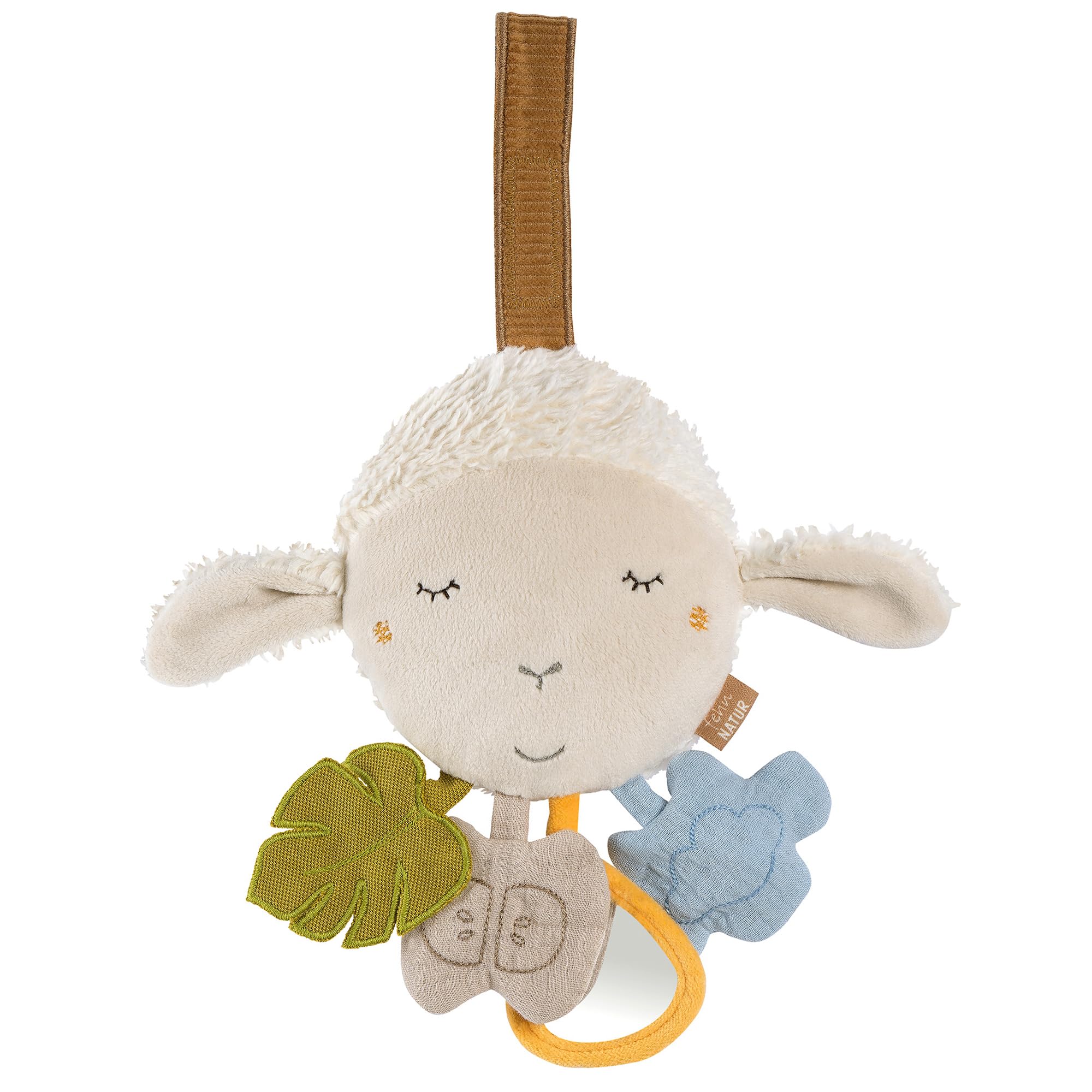 Fehn Activity-Schaf – Motorikspielzeug zum Aufhängen mit spannenden Anhängern zum Greifen und Geräusche erzeugen – Babyspielzeug aus Baumwolle – für Babys ab der Geburt