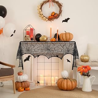 Halloween Fireplace Scarf, Black Lace Spiderweb Fireplace Mantle, Cobweb Fireplace Scarf for Halloween Party Door Window Decoration 18 x 96 inch