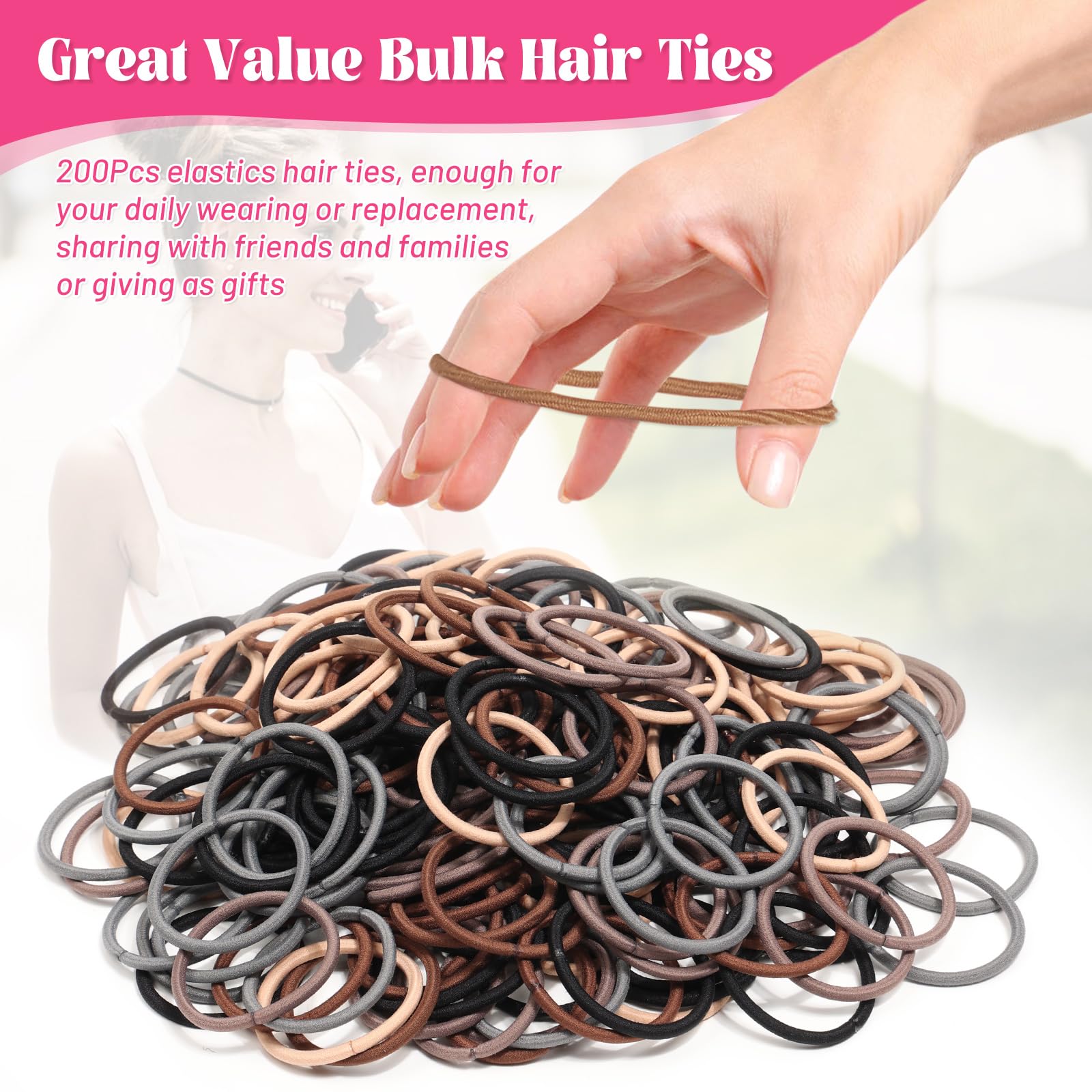 Anezus 200 Stück mehrfarbige Haargummis für dickes Haar, elastische Haargummis, große Haarbänder für Damen, Herren und Mädchen (4 mm)