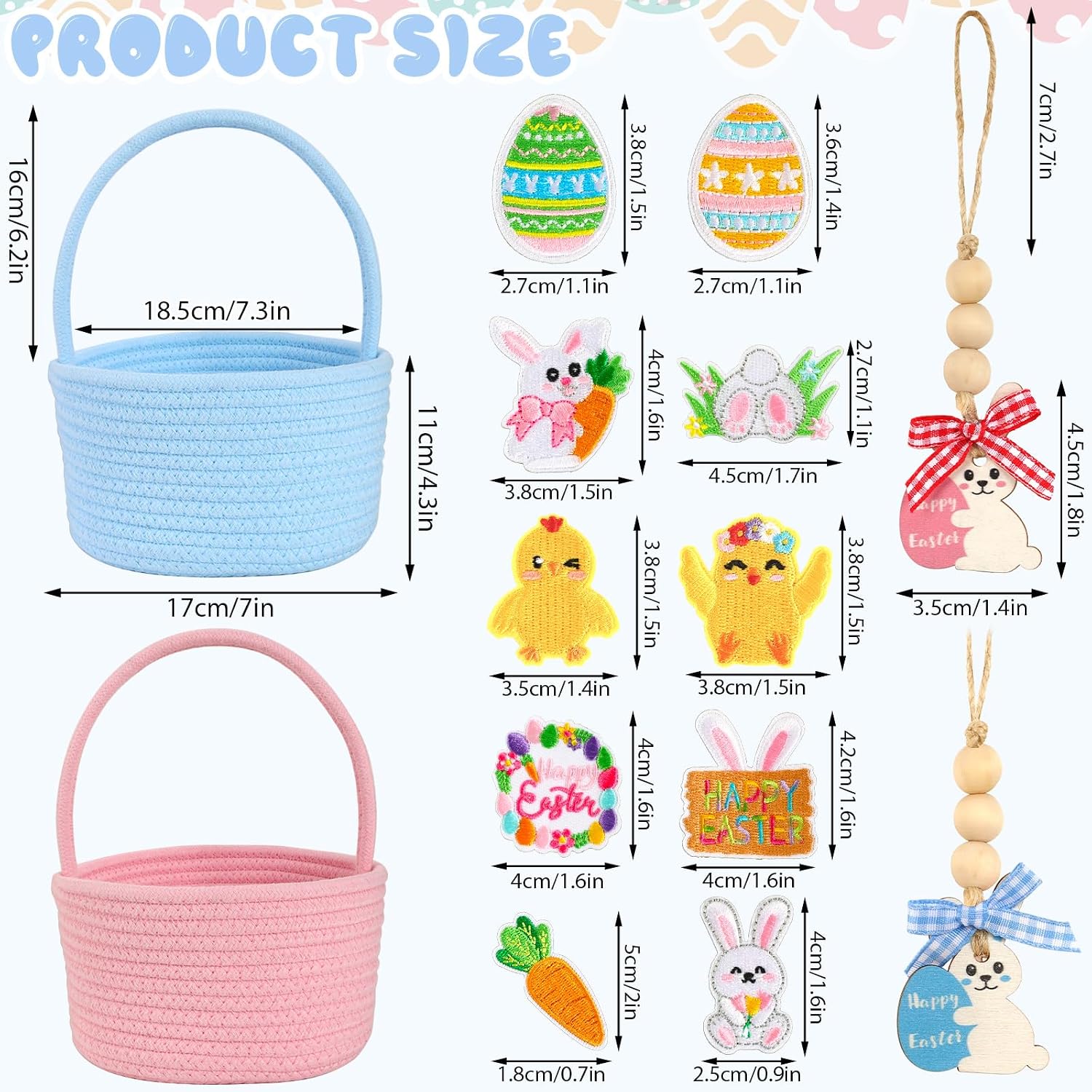 AUGSUN Easter Baskets, Easter Bucket with 10 Bunny Embroidery Patches, 2 Pink Blue Fabric Baskets, 2 Name Tags, Bunny Storage Basket for Kids, Easter Egg Hunt Easter Gifts Party Decor 7.5 * 4 Inches