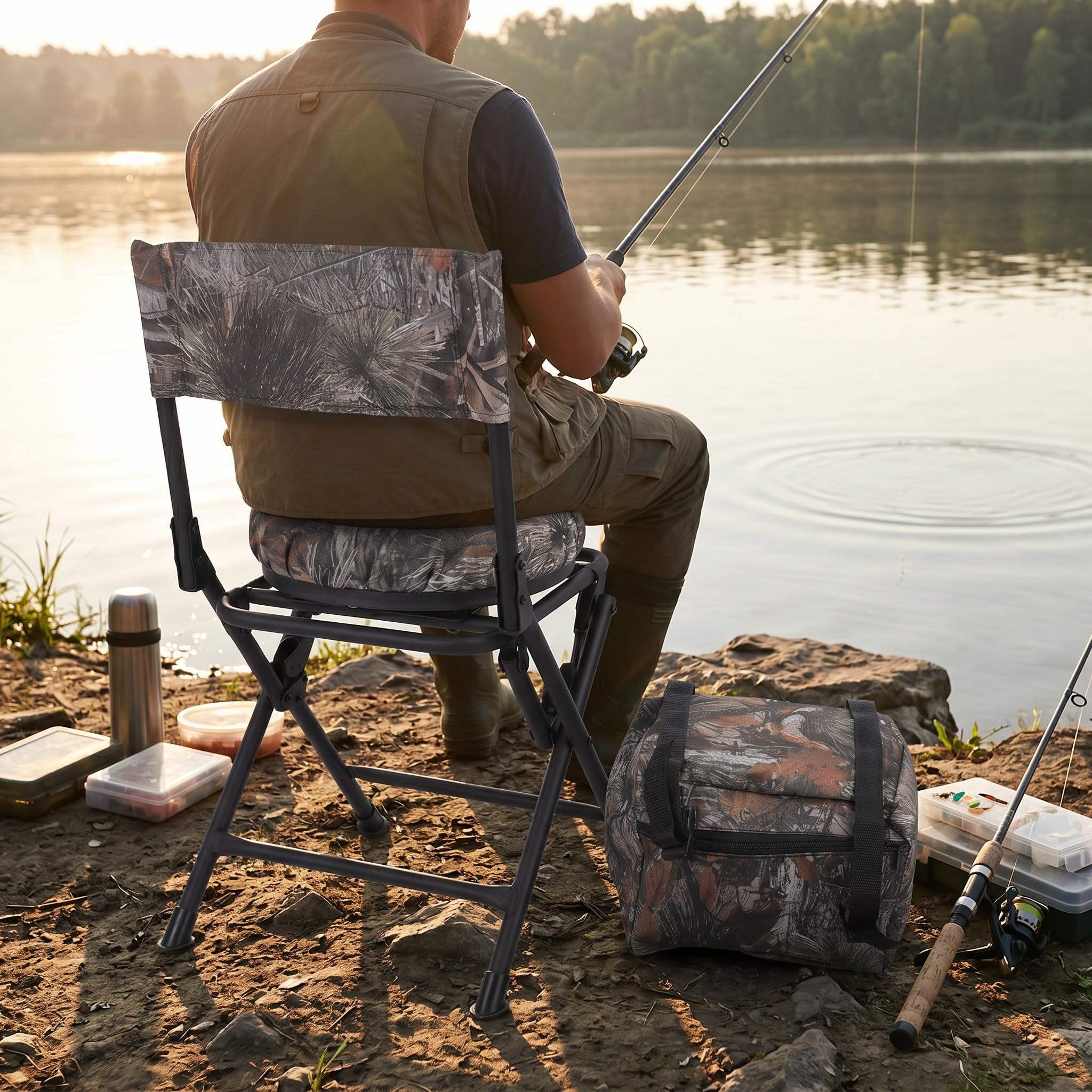 Tnfeeon Chaise pivotante 360° Pliante légère pour Chasse et pêche, Coussin rembourré Portable, idéale Camouflage extérieur