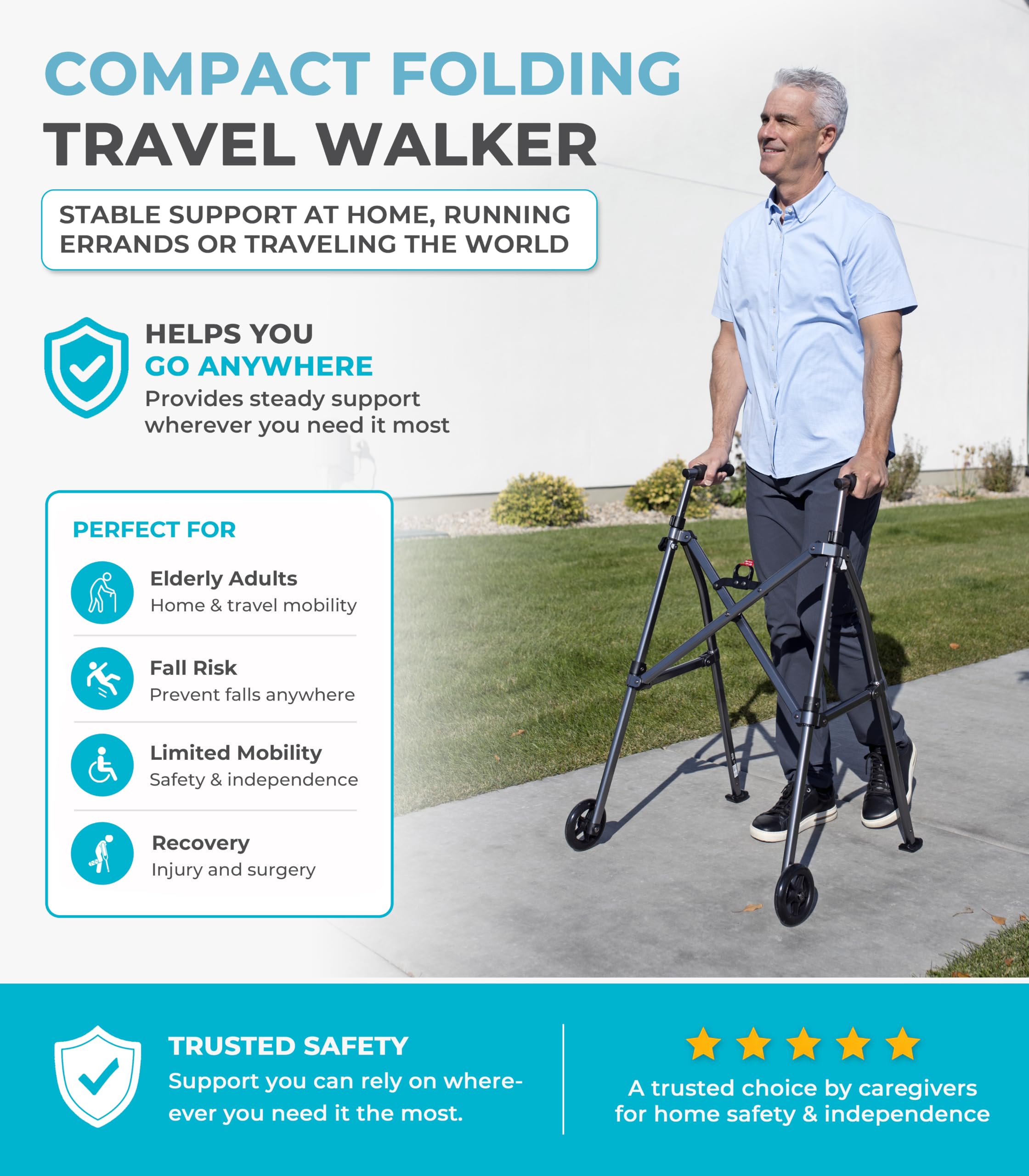Stander Wonder Walker with 5-inch Wheels, Lightweight Folding Walker for Adults, Seniors, and Elderly, Collapsible Travel Walker, Ski Glides for Mobility Support, Compact, Black Walnut — Amazon image 8