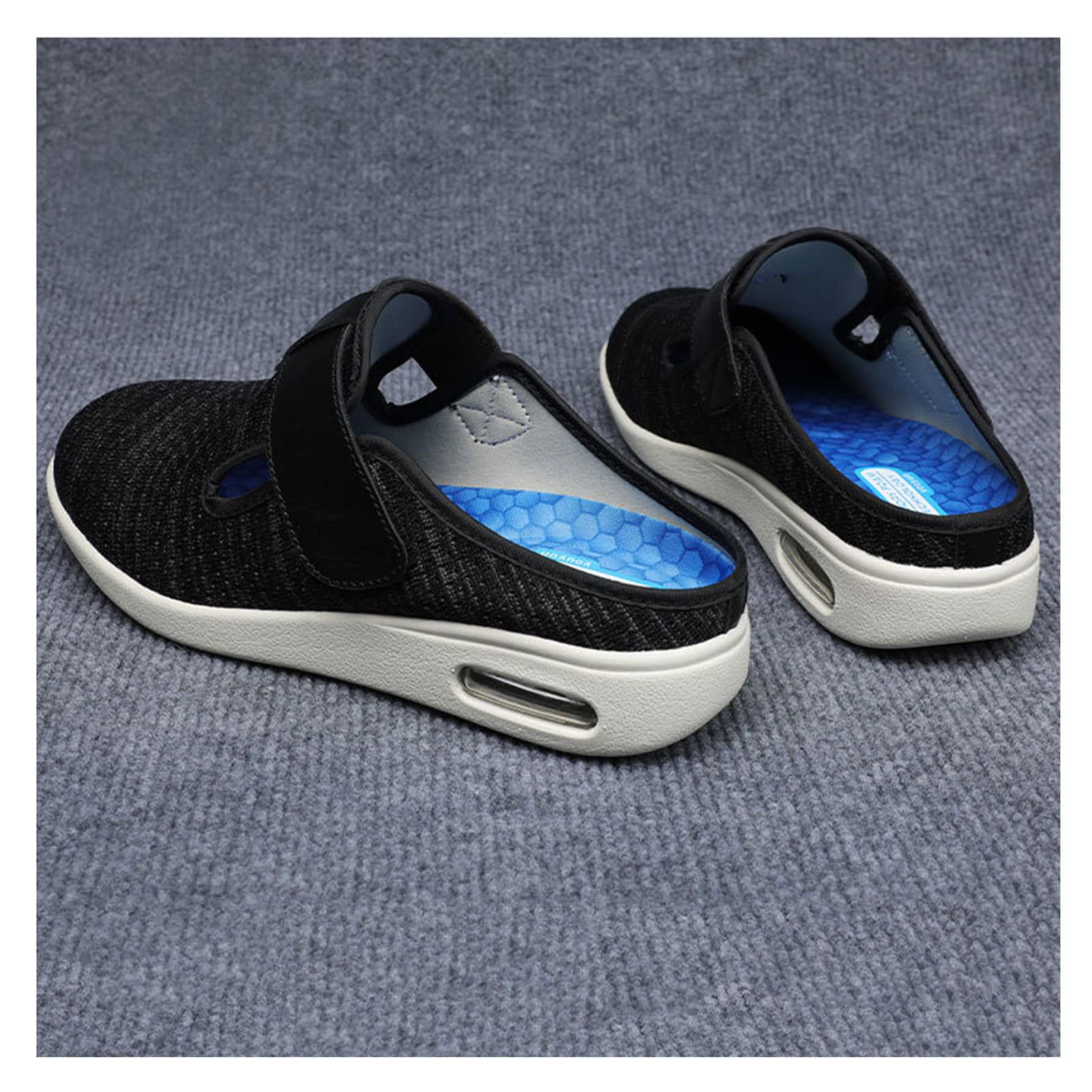 Damskie Buty dla Diabetyków Bardzo Szerokie z Poduszką Powietrzną Sandały Regulowanym Kapcie do Chodzenia dla Osób w Podeszłym Wieku Opuchniętych Stóp(Size:39,Color:czarno szary)