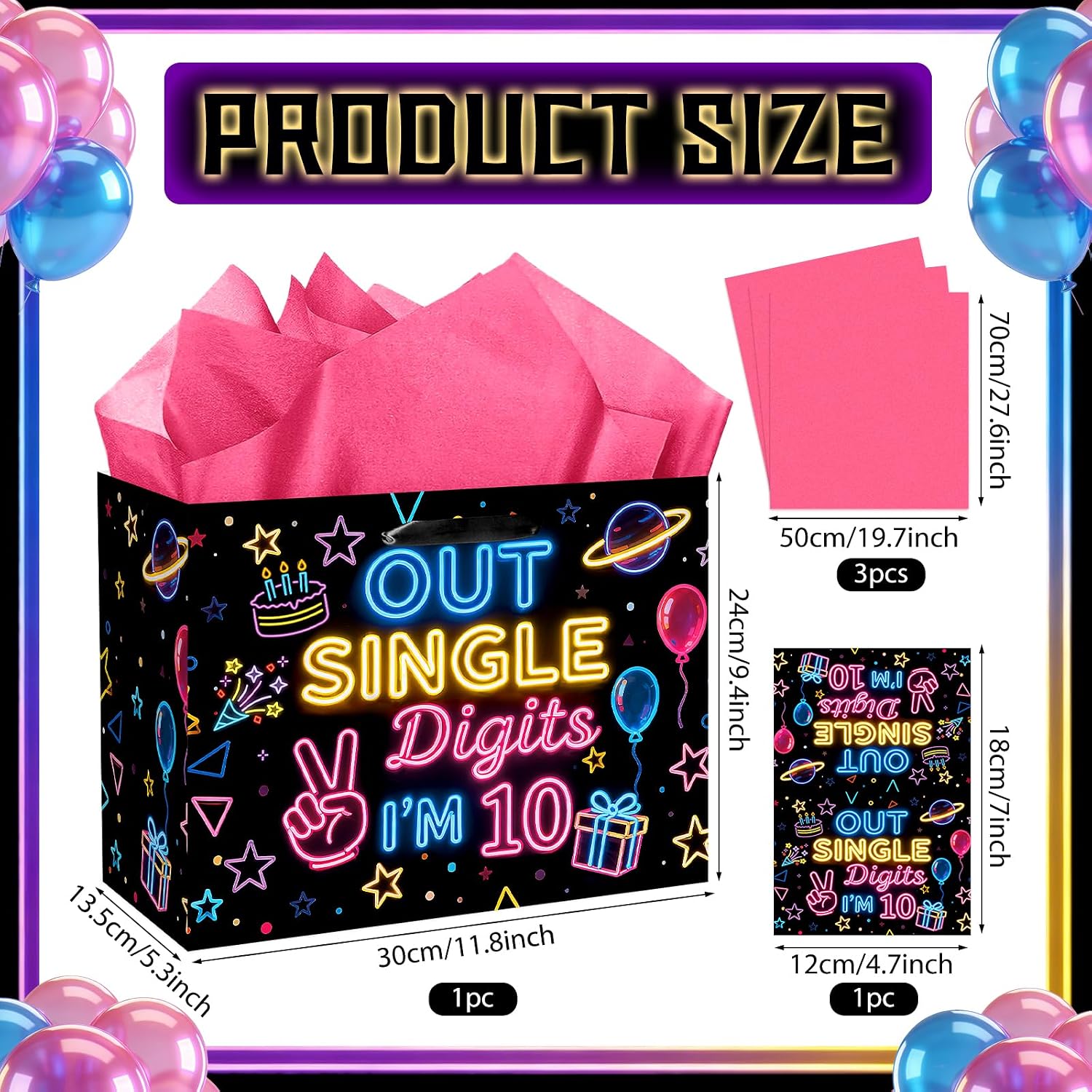 TagreSpike Happy 10th Birthday Gift Bag Glow Peace Out Single Digits I'm 10 Gifts Bag with Double Digits Wrapping Paper and Card 10th Birthday Party Decor for Girls Boys 10 Year Old Bday Gifts