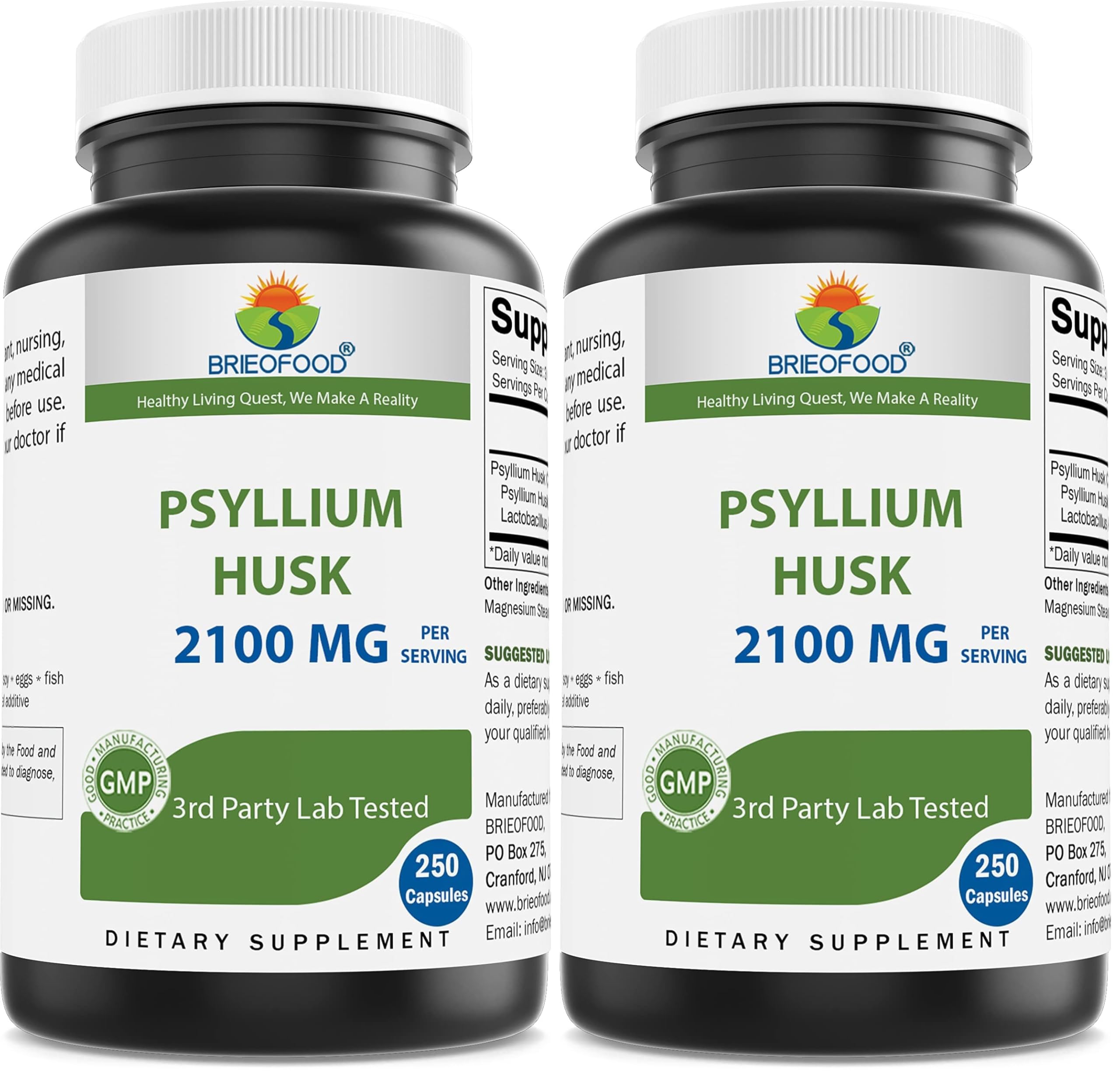 Brieofood Psyllium Husk Fiber Supplement with Lactobaciilus Acidophillus (La-14) - 2100mg per Serving - 250 Capsules - Helps Support Digestion, INTESTINAL Health & Regularity (Pack of 2) 250 Count (Pack of 2)