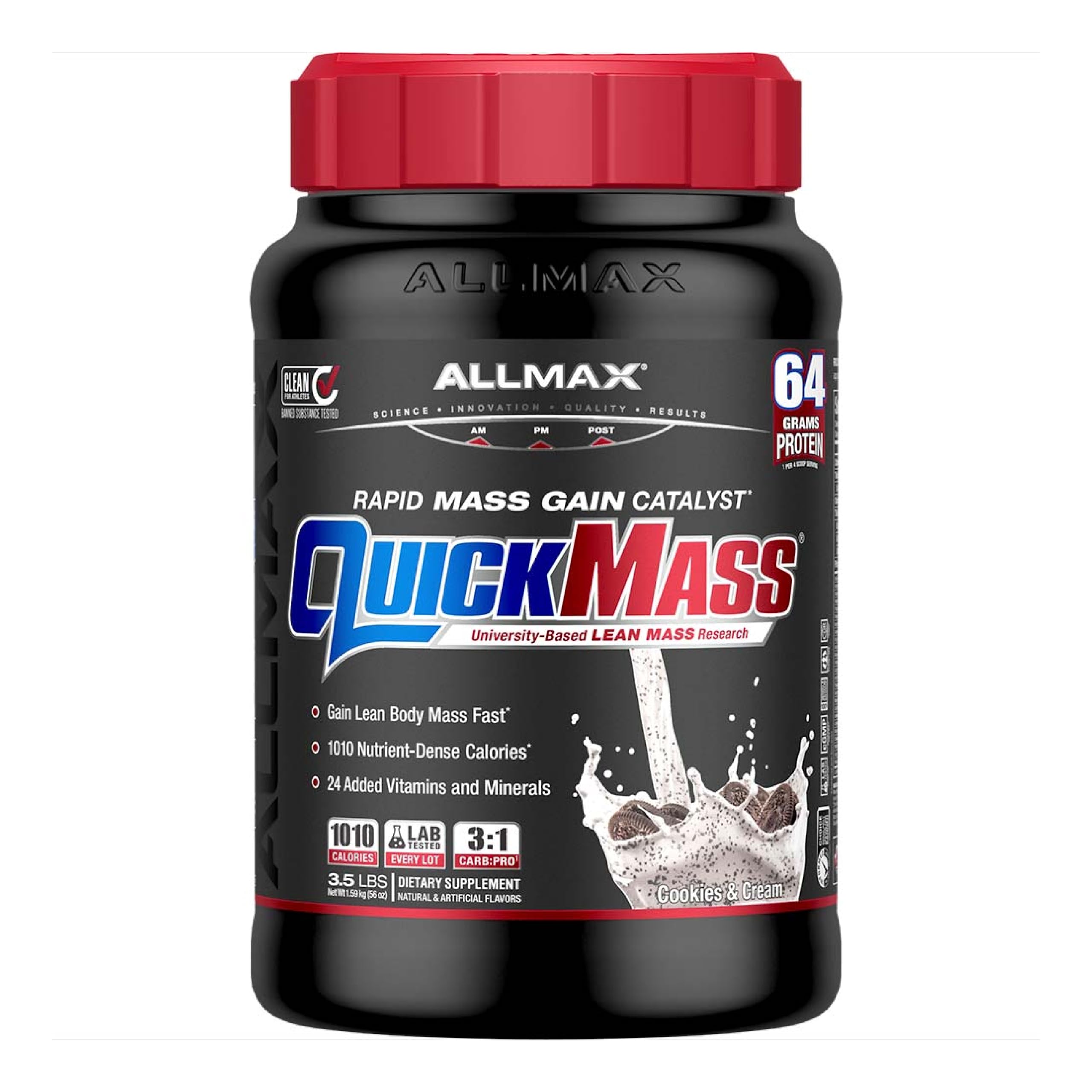 ALLMAX QUICKMASS, Cookies & Cream - 3.5 lb - Rapid Mass Gain Catalyst - Up to 64 Grams of Protein Per Serving - 3:1 Carb to Protein Ratio - Zero Trans Fat - Up to 24 Servings
