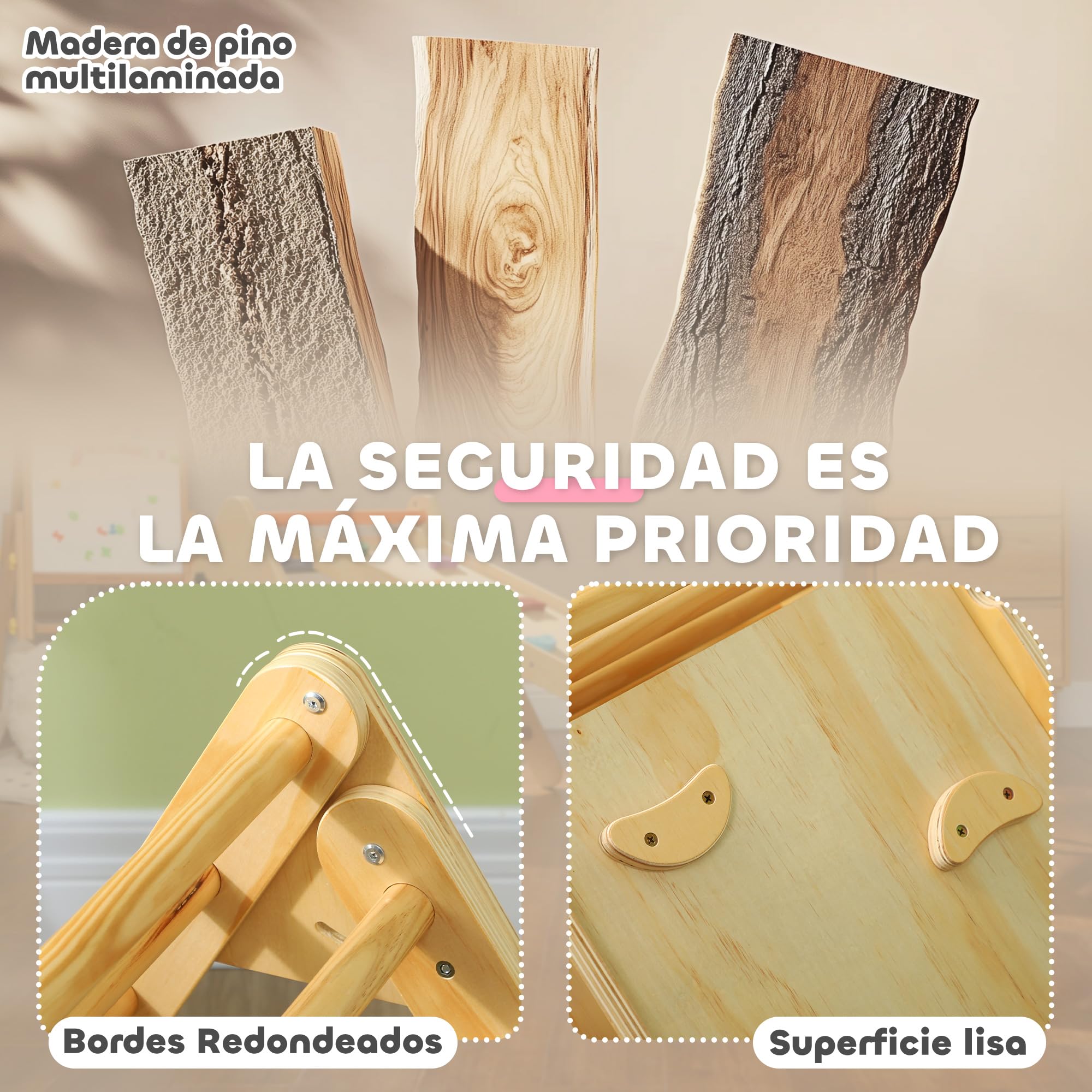 AIYAPLAY 3 en 1 Triángulo de Escalada Montessori, Escalada para Niños de Madera Plegable, para18-48 Meses, con Rampa, para Deslizarse o Escalar, 147x64,5 cm, Natural