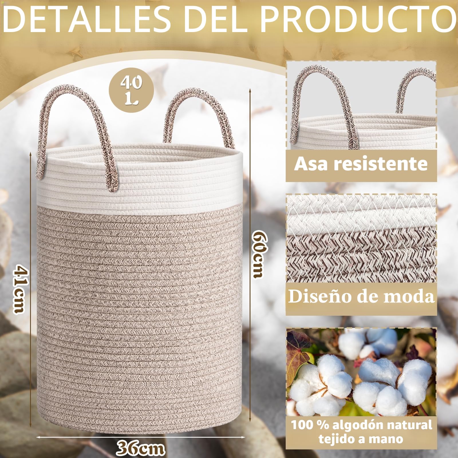 ZLPBAO XXL Cesto Ropa Sucia Trenzado de Algodón con Asa, 40L Cubo Ropa Sucia para Lavadero Habitación Infantil Salon Baño, Decorativas Cesta Para la Ropa Sucia para Almacenamiento