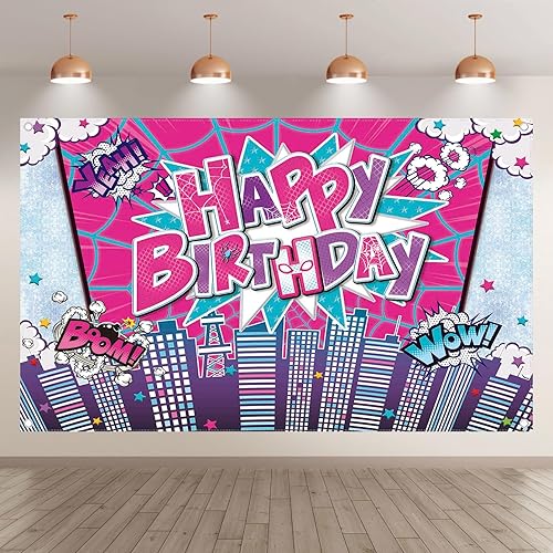 Vista 2 de Telón de fondo de tela de 72 x 43 pulgadas, diseño de superhéroe feliz cumpleaños, rosa para niñas y mujeres, cómics, fotografía de ciudad